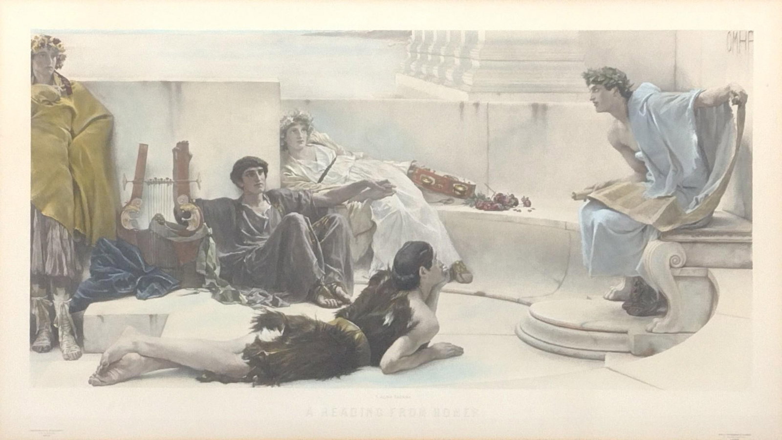 Print After L Alma Tadema: A print produced by Berlin Photographic Company London, A Reading From Homer. The framed size is 40" X 55".