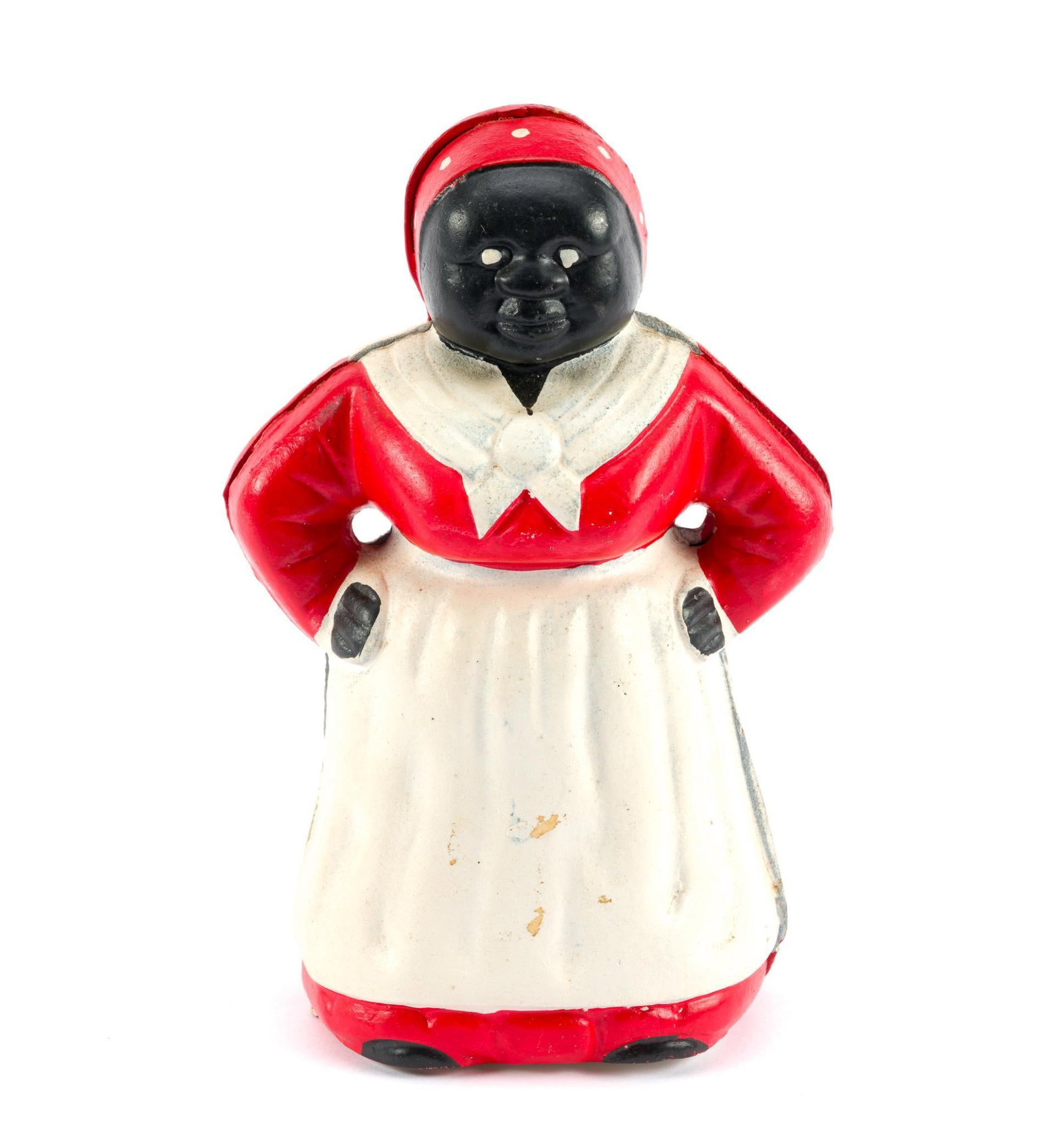 Black Americana Cast Iron Coin Bank: Mammy figure. 5" wide x 7-3/4" high. 