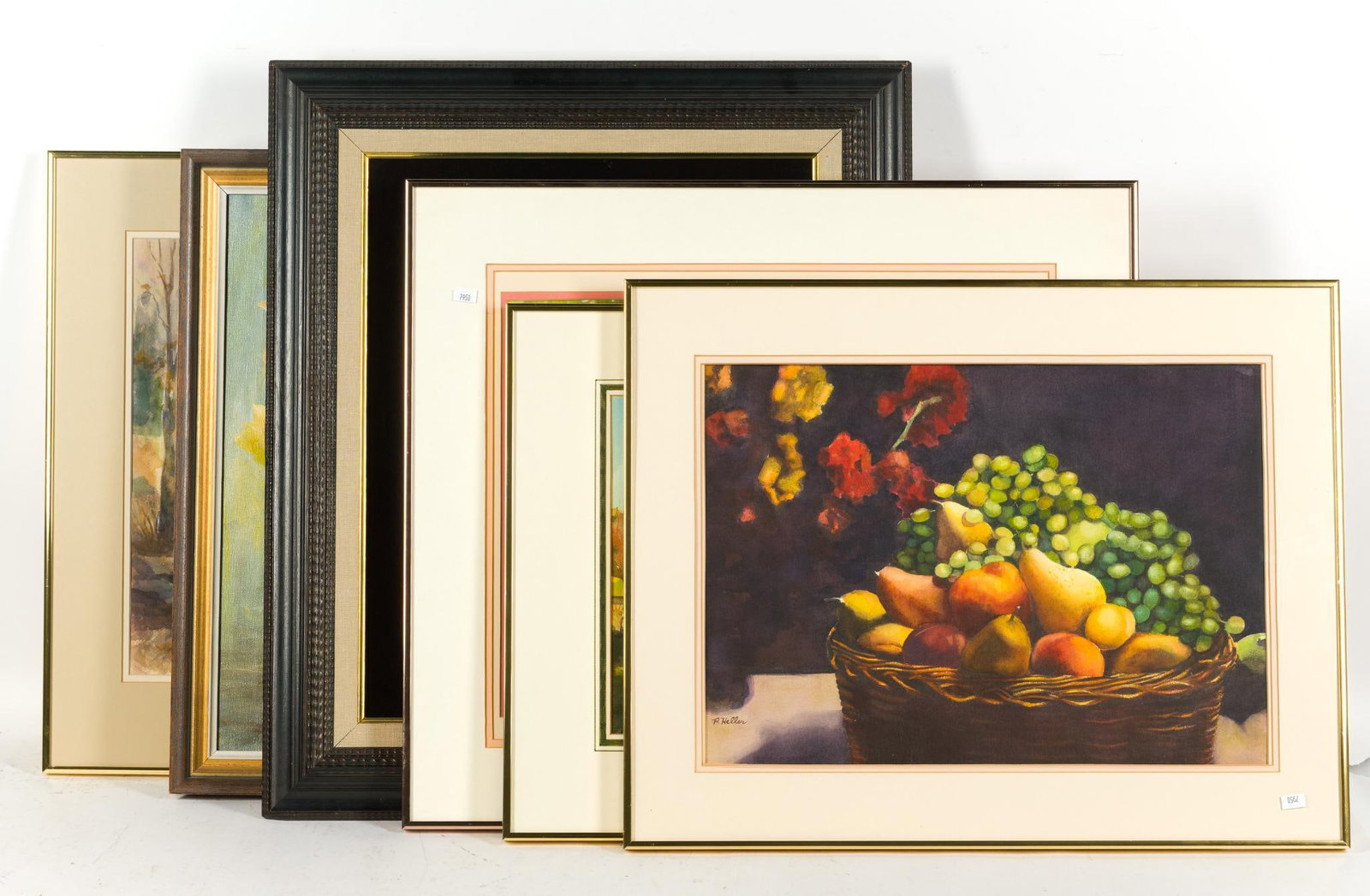 Watercolor and Oil Paintings: Four nice watercolor paintings in frame by Medford, NJ painter Pat Heller. One vase of flowers painting by Vina S. Gould. One decorator art print "The Tear". Largest piece is 22 1/4" X 28 1/4" f
