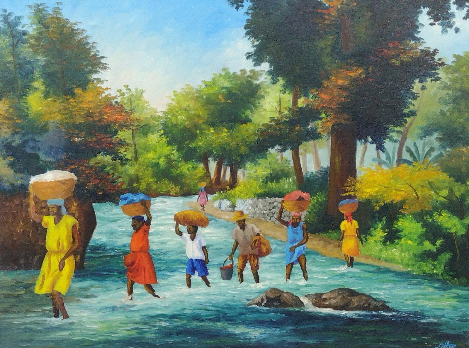 Haitian Oil on Canvas Painting by Fritzner Deluy: A large and vibrant painting marked June 1973 on the stretcher and signed Deluy. It has a hand carved wood frame with framed size of 30" X 37 3/4" 