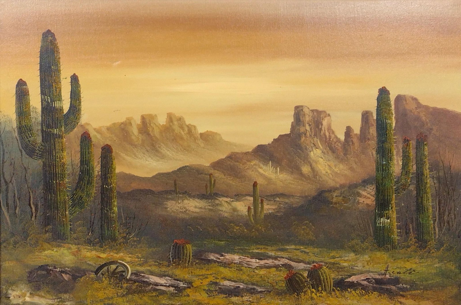 Desert Scenery Oil on Canvas Signed Illegibly (1 of 4)