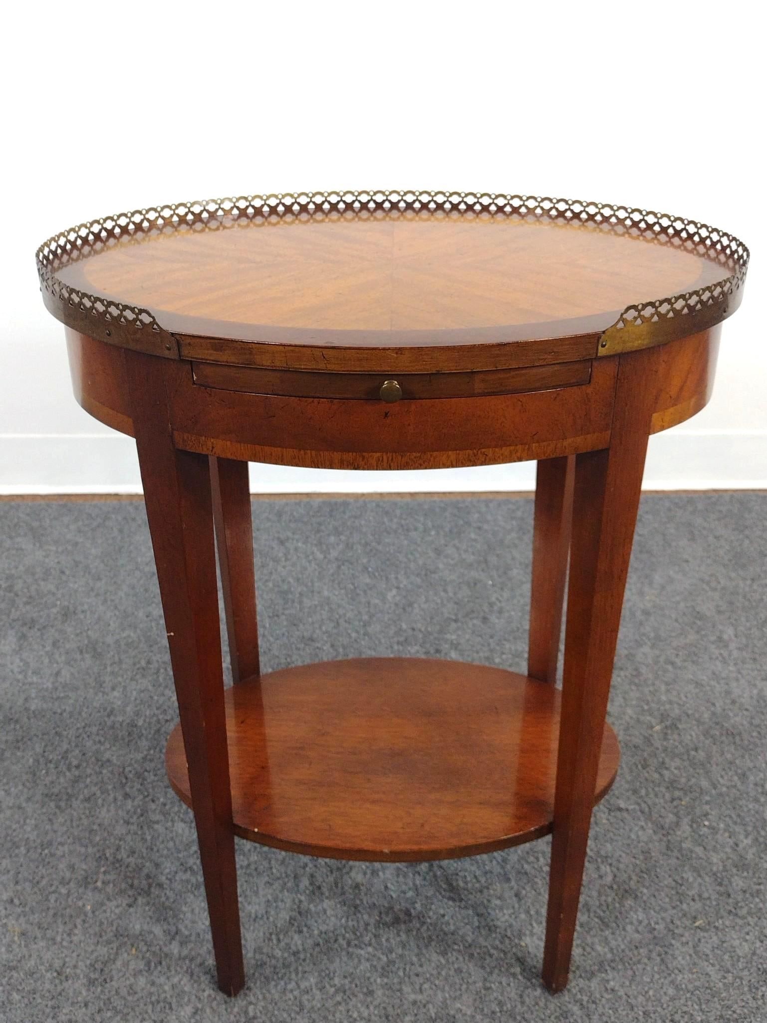 French Empire Style Marquetry Side Table: With brass gallery. 18-1/4" wide X 12" deep X 24-1/2" high. Has a few light scratches.