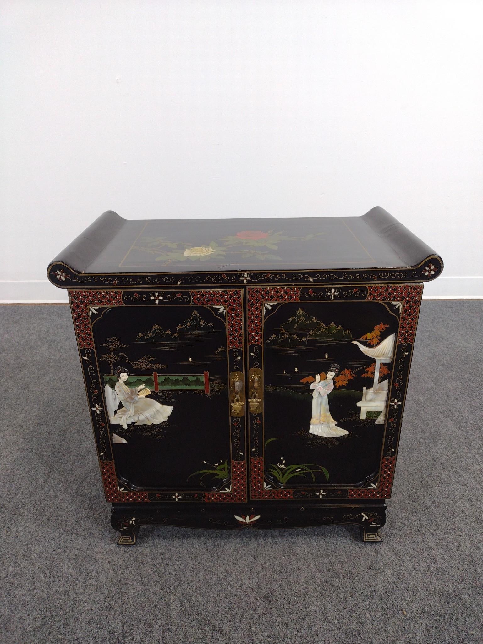 Low Asian Black Lacquer Cabinet: 23" wide X 12-1/2" deep X 24" high. Has some light scratches.