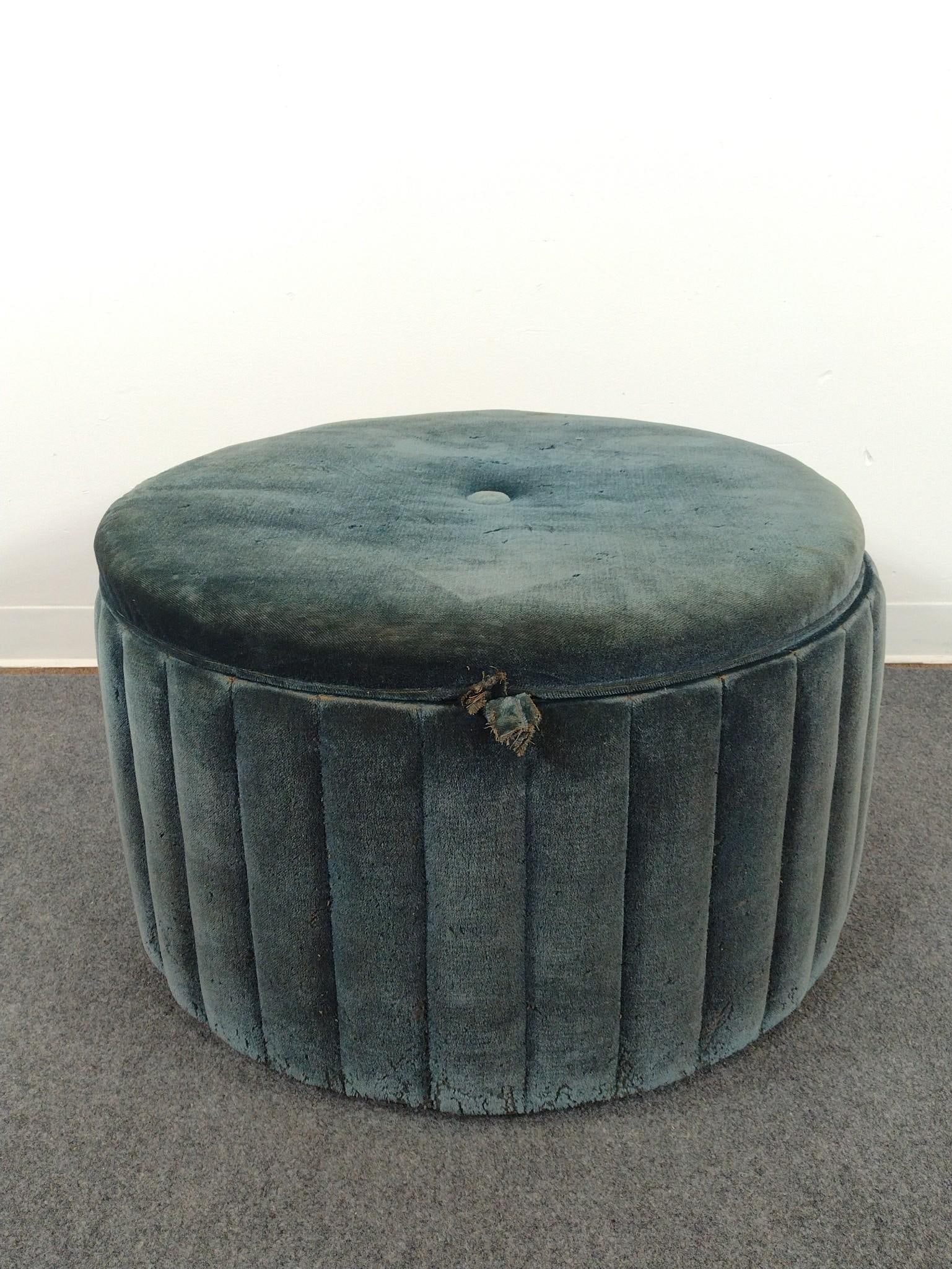 Mid-Century Record Storage Ottoman: 29-1/2" diameter X 18" high. Has some wear and areas of discoloring.