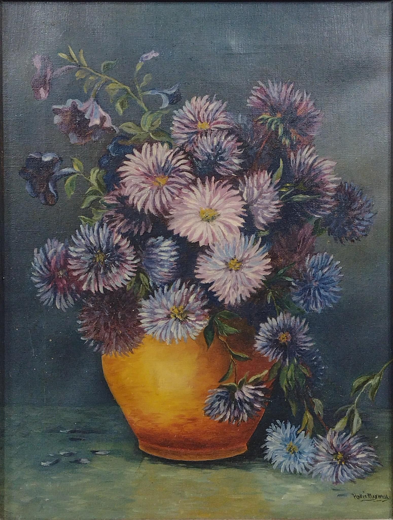 Hallie Maxwell 1920's Oil on Canvas Painting: A floral painting from the 1920's with framed size of 21 1/8" X 17 1/8". Some waviness to the canvas and small losses to the frame.