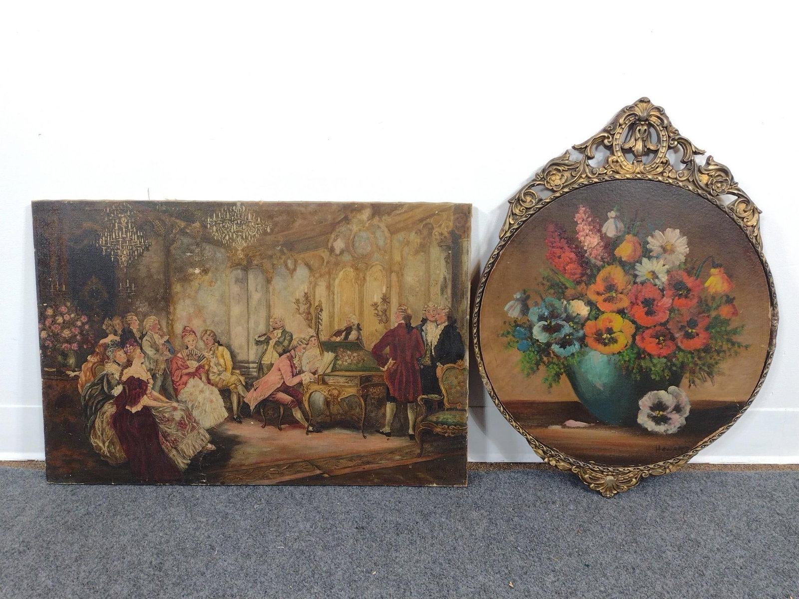 2 1920's Antique Oil Paintings: A floral painting on board from the 1920's Signed Howard and an unframed oil on canvas painting signed Hallie Maxwell. The larger (unframed painting) is 18" X 27". Some losses to both.