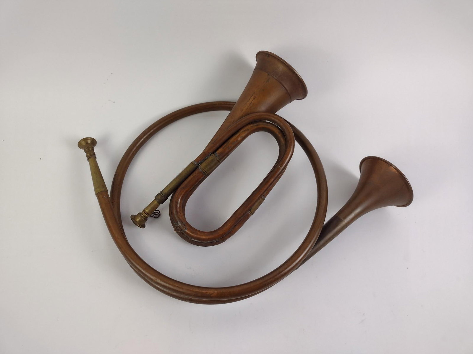 Brass Hunting Horn & Brass Bugle: Hunting horn measures 12-1/2" x 19-1/2" x 1-1/2" and the brass bugle measures 12" x 6" x 4". 