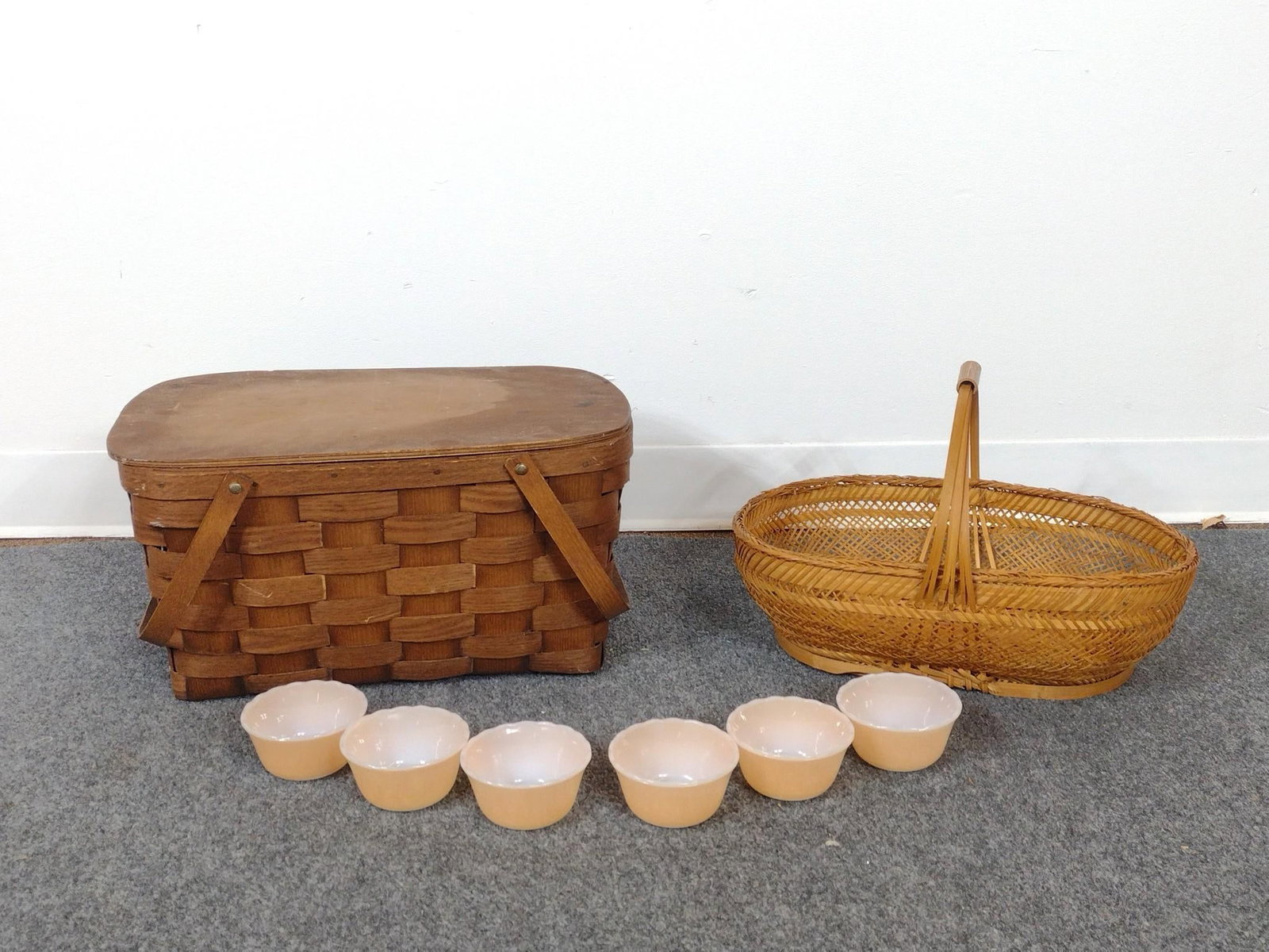 2 Baskets & 6 Pyrex Bowls: Includes a wooden handled picnic basket stamped "Basket Ville" on the bottom, a hand made basket from China, and 6 Pyrex soup bowls. Picnic basket measures 17-3/4" x 11-3/4" x 9-1/4" and the