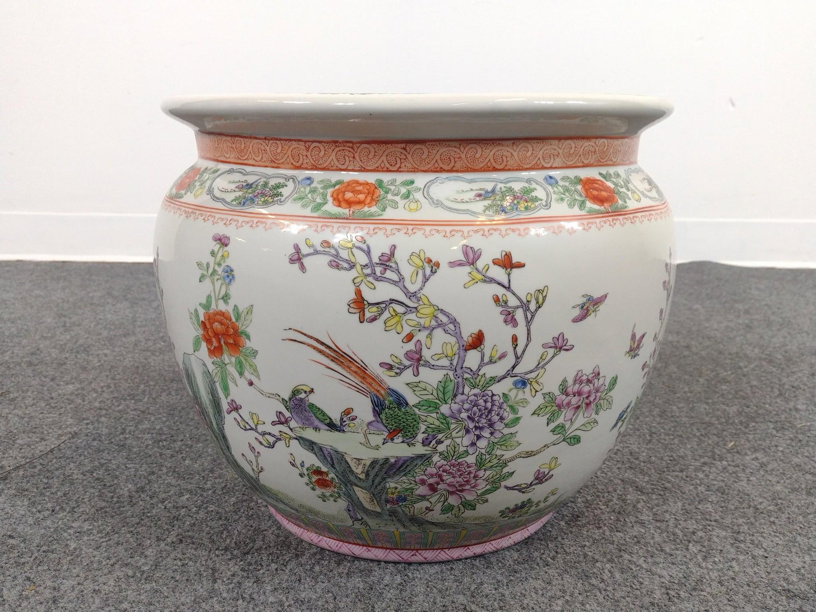 King's Fine China Fishbowl Planter: Labeled hand decorated Macao. 15" diameter X 12" high. 