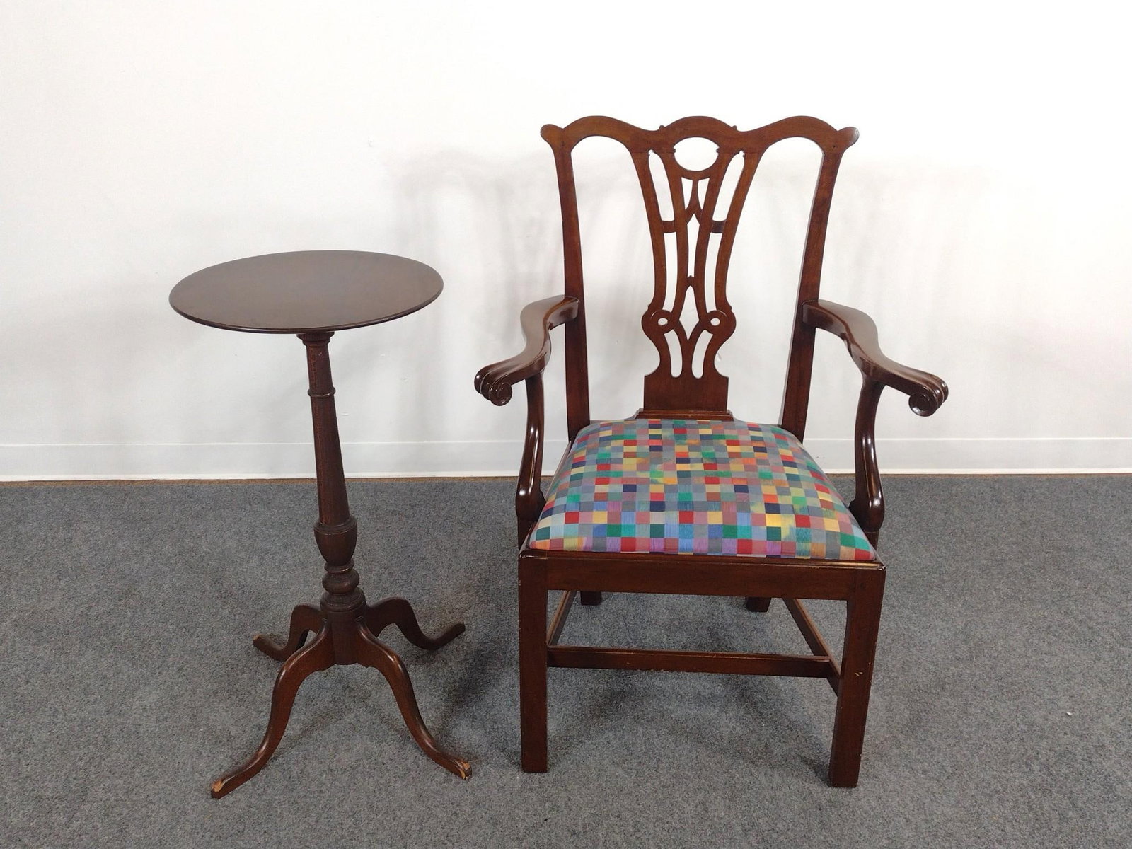 Chippendale Arm Chair & Candle Stand: Chair 28" wide X 21-1/2" deep X 39-1/2" high. Candle Stand 16" diameter X 32" high. Both have some light wear. Table has finish loss on base.