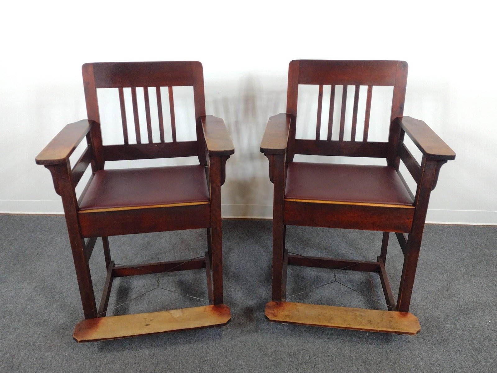 Pair of Billiard Spectator Chairs: Each 28" wide X 25-1/2" deep X 43-1/4" high. Both have finish loss 