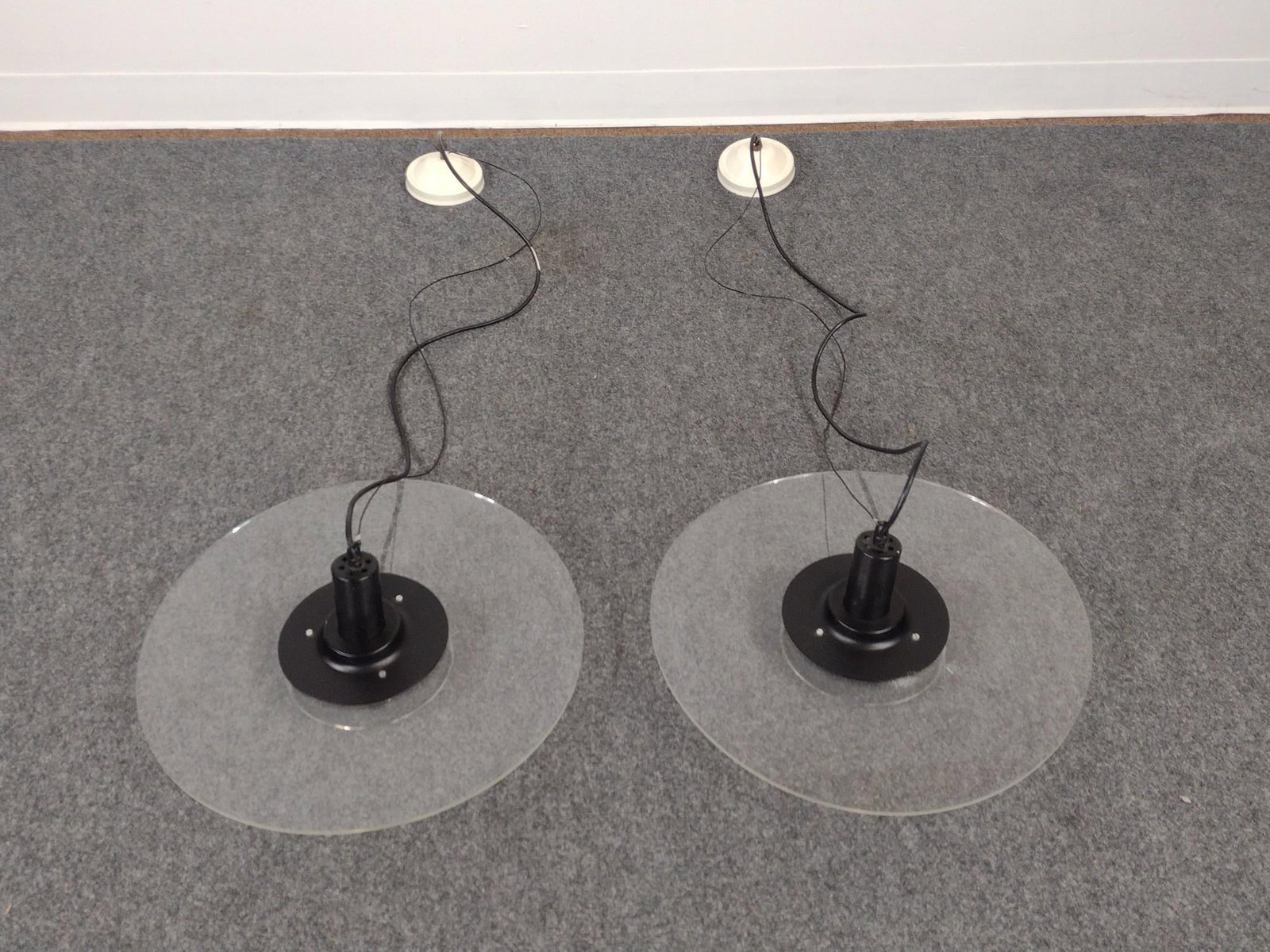 Pair of Plexiglass Hanging Lights: Unmarked. 19-1/4" wide. 