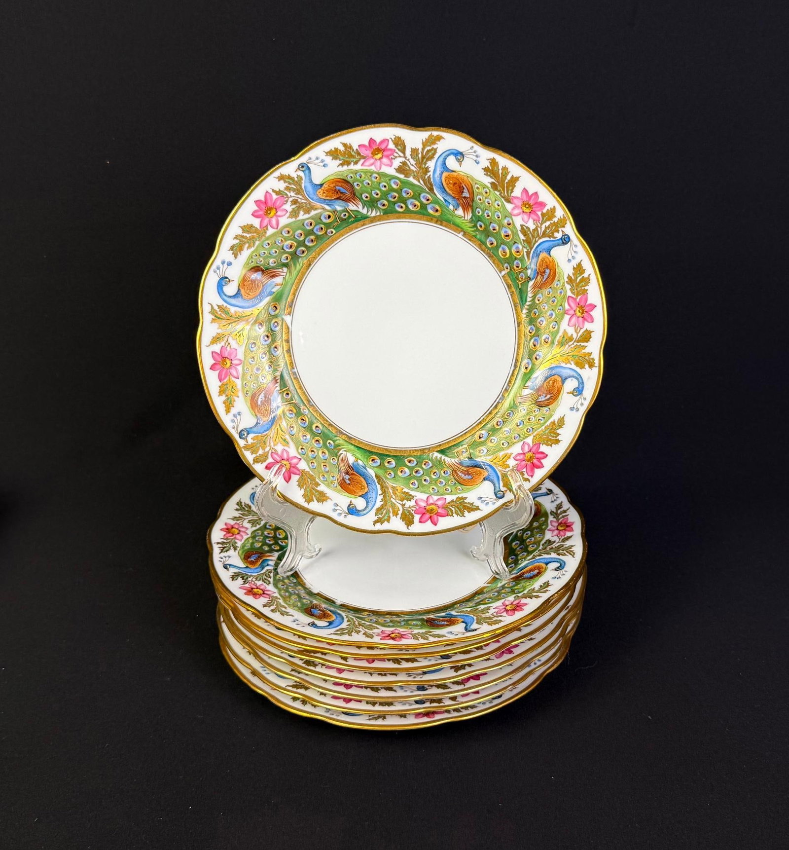Set of 8 Rouen Hand Painted Peacock Plates: All marked on back "Rouen R. Briggs Co. Boston." 9-1/2" diameter. 