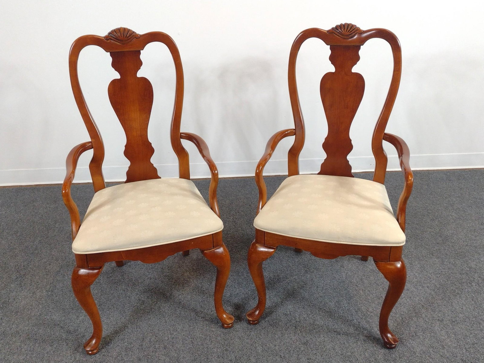 2 Stanley Furniture Queen Anne Revival Armchairs: Each 20-1/4" wide X 21-1/2" deep X 40" high. Both have some light scratches. 