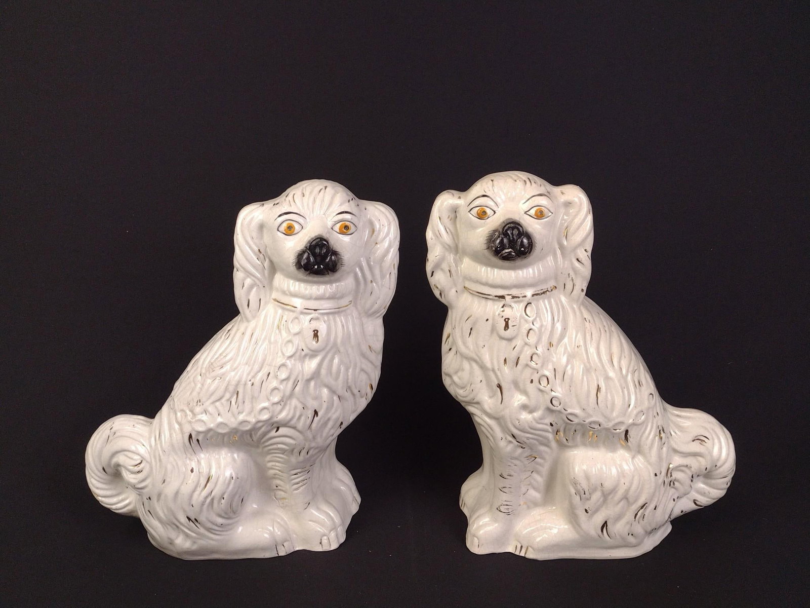Pair of Staffordshire Style Ceramic Mantel Dogs: Both 10-1/2" wide x 13-1/2" high. 
