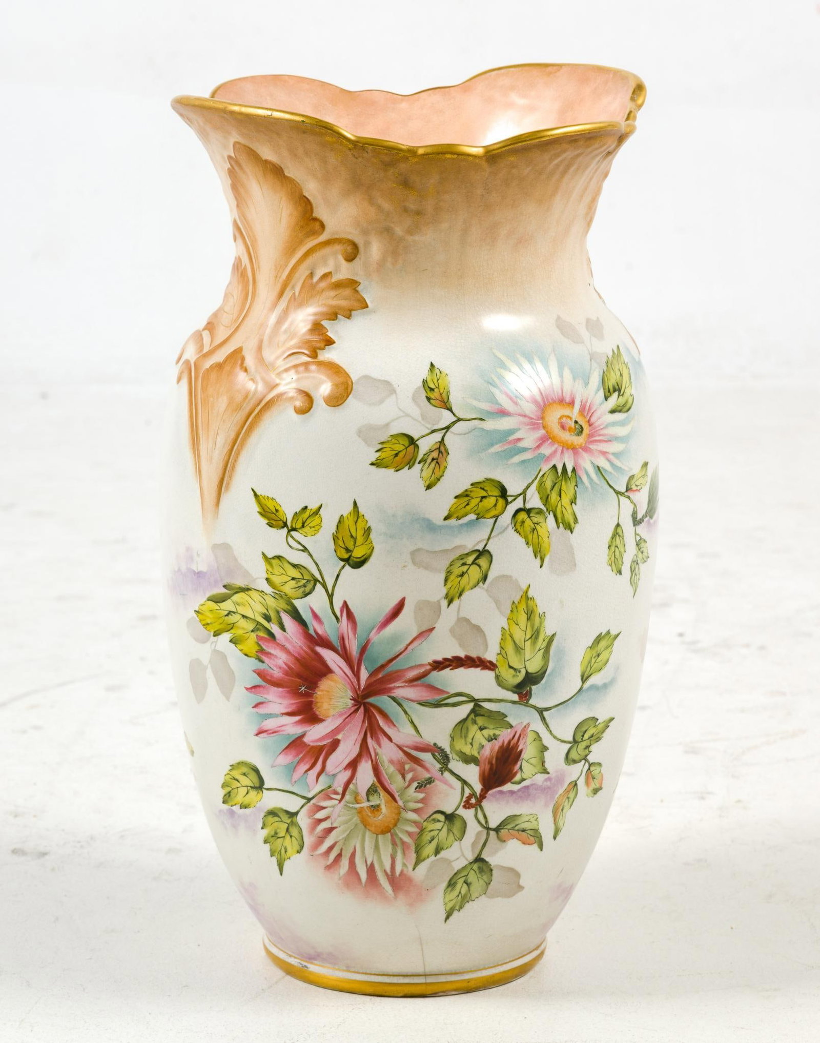 Crown Semi-Porcelain Floral Floor Vase: In good condition, consistent with use. 22" H x 12" W.