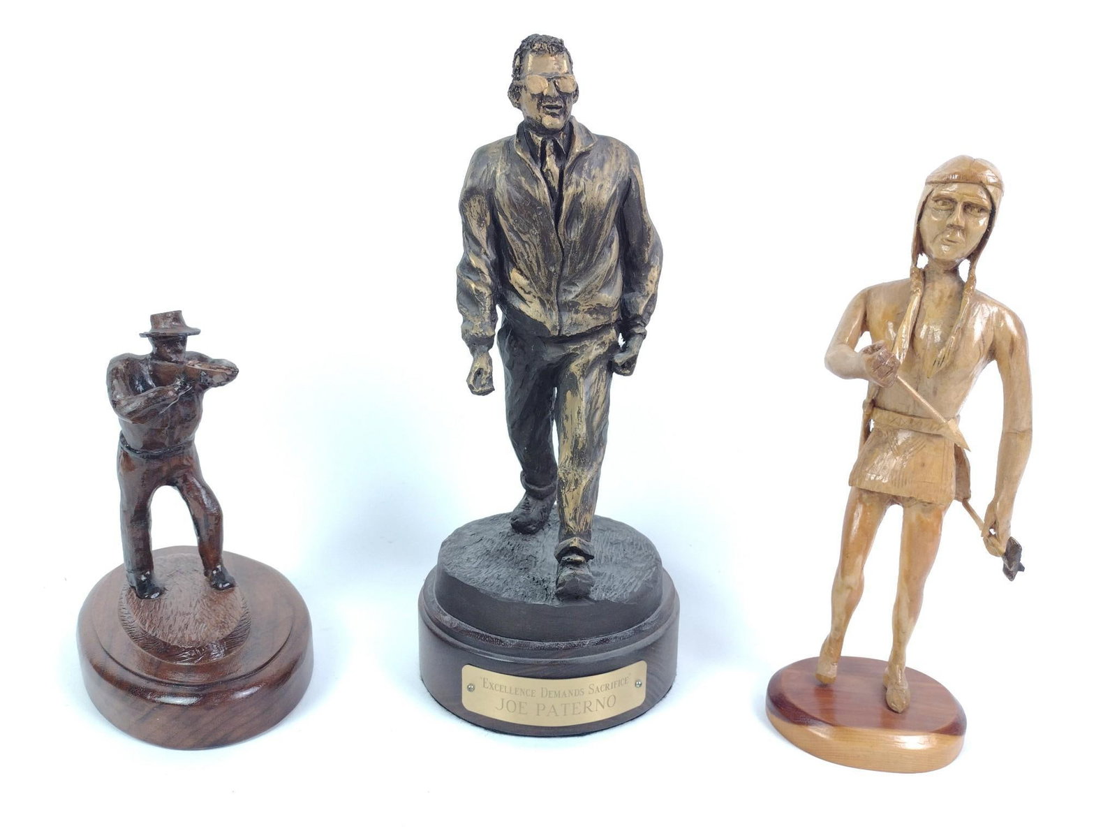 3 Figurines Incl. Joe Paterno: Also includes two carved by Herb Cox. 6" to 8" wide x 8" to 13-1/4" high. 