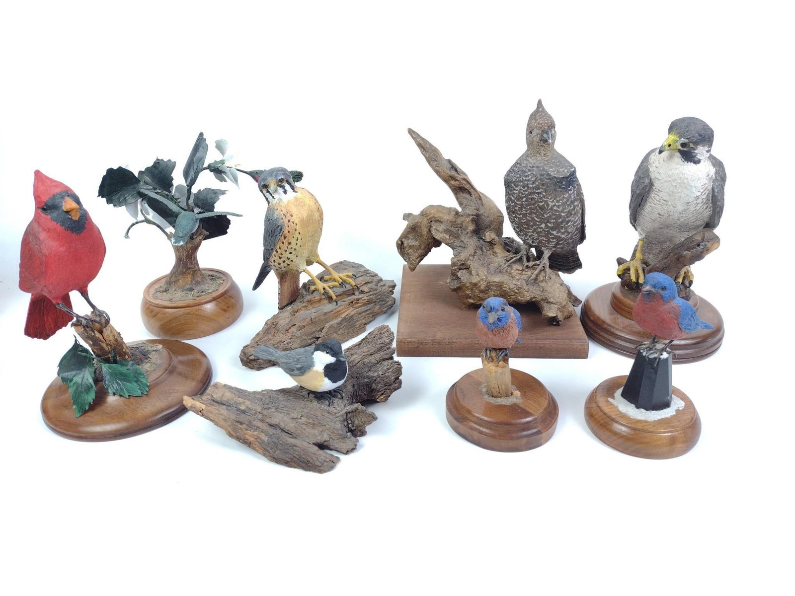 8 Herb Cox Carved Birds: All signed. 3-1/2" to 10" wide x 6" to 9" high. 