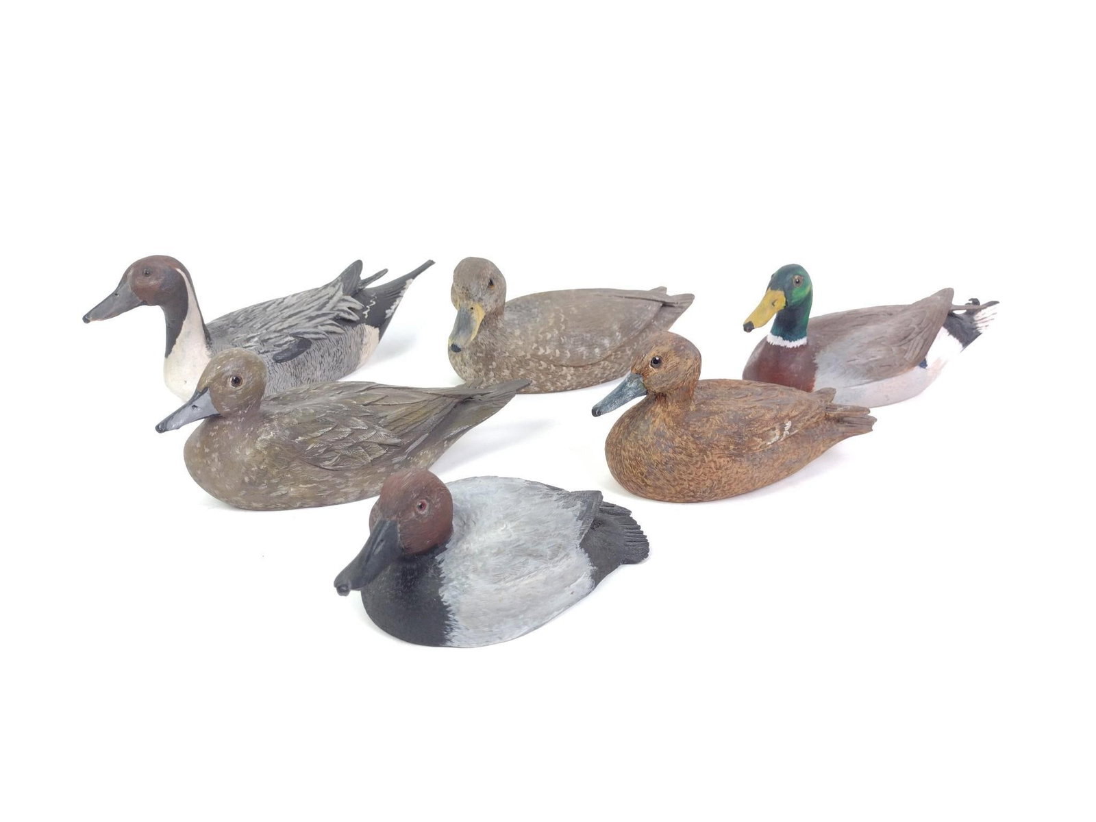 6 Herb Cox Carved Duck Decoys: All signed. 3" to 3-1/4" wide x 5-1/2" to 7" long x 2" to 3" high. 