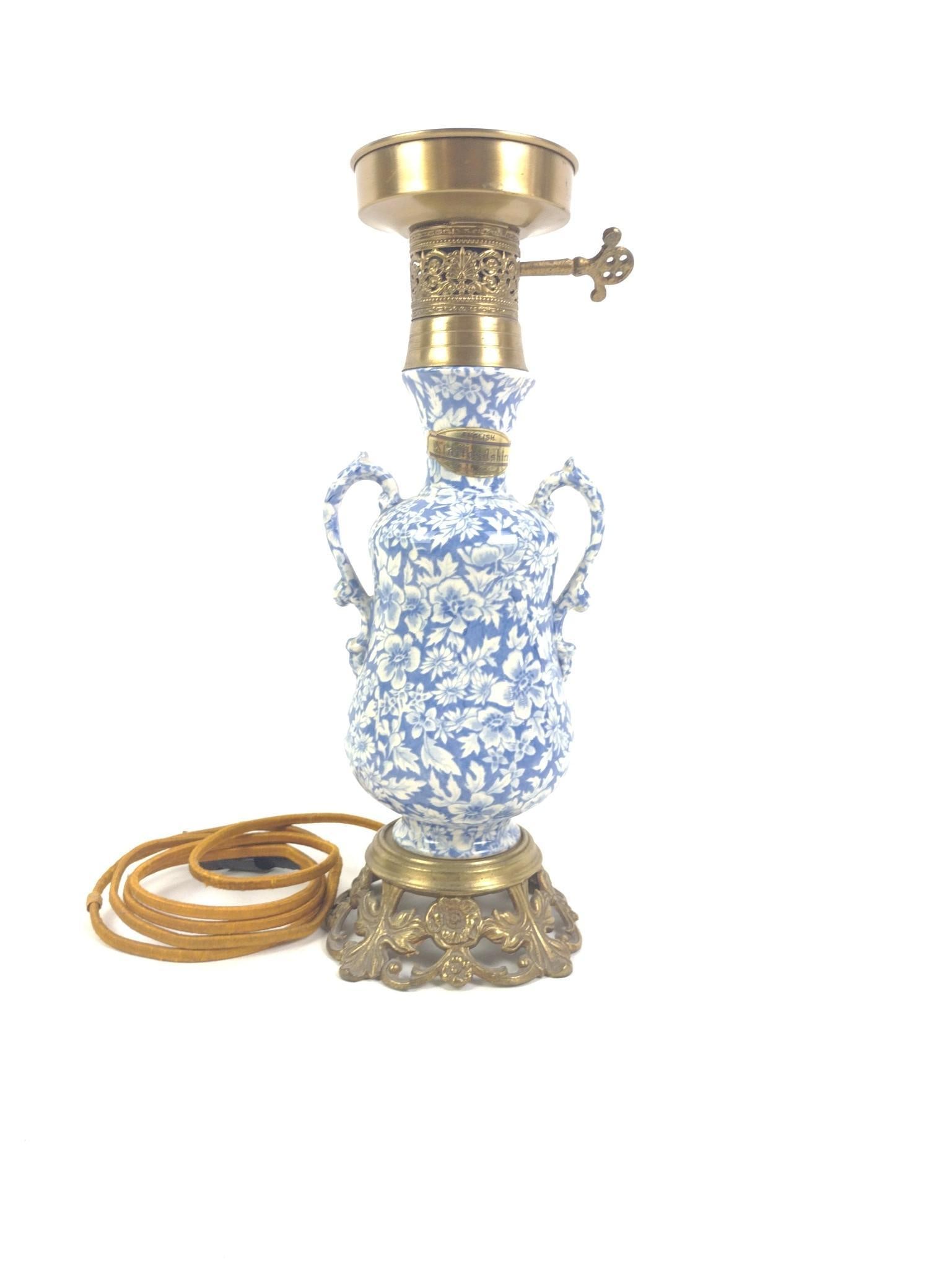 Staffordshire Vase Table Lamp: Sticker marked Staffordshire. No shade. 5" wide x 12-1/2" high. 