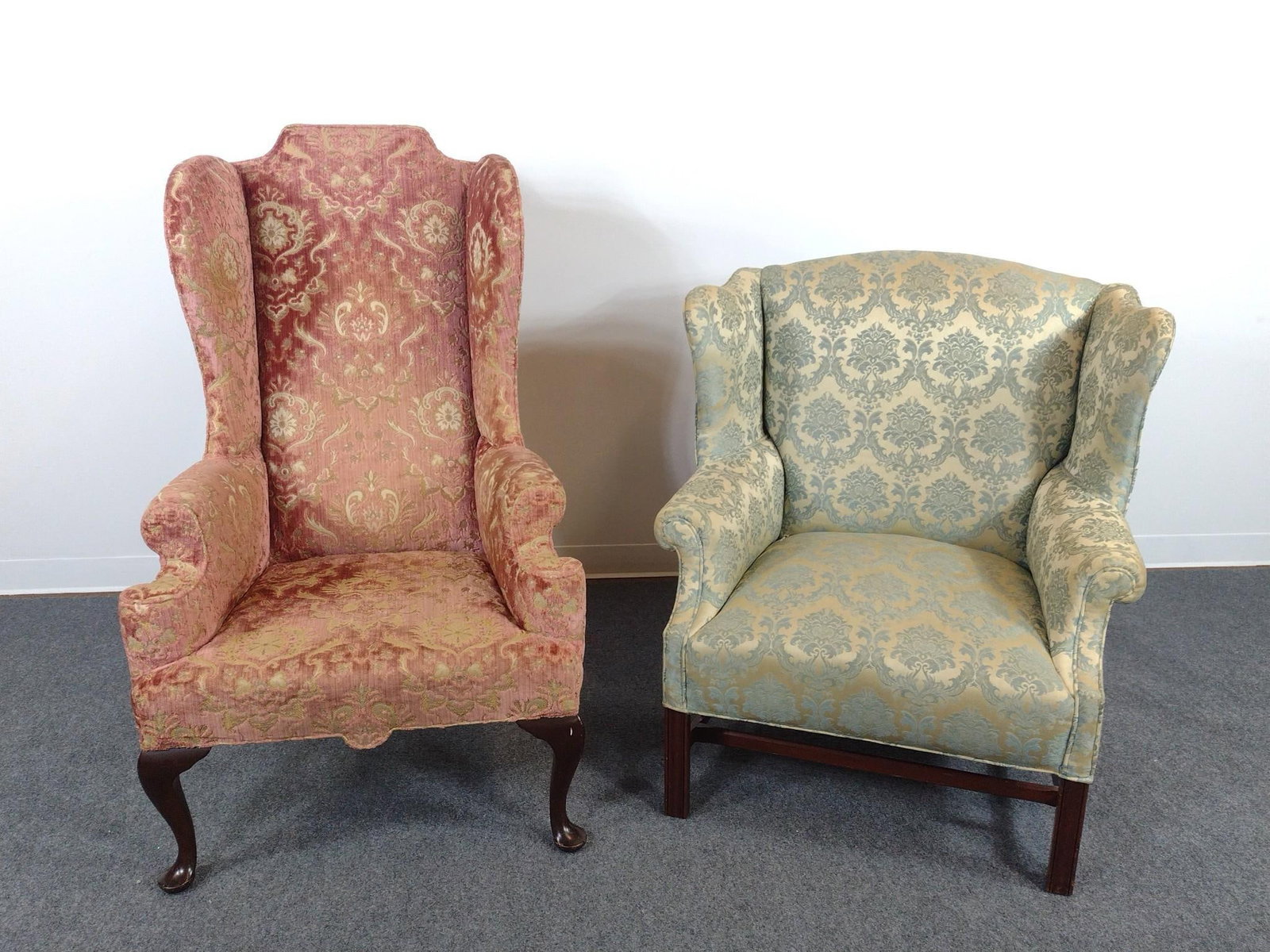2 Wing Back Chairs: Red/yellow 29" wide X 29" deep X 50" high. Green/yellow 34" wide X 27" deep X 39-1/2" high. Both come with covers.