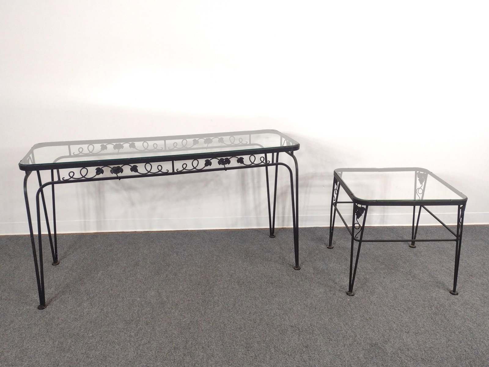 Metal Outdoor Sofa Table and Side Table: Sofa table 60" wide X 20-1/2" deep X 32-1/4" high. Side table 24-1/2" wide X 24-1/2" deep X 23" high. 