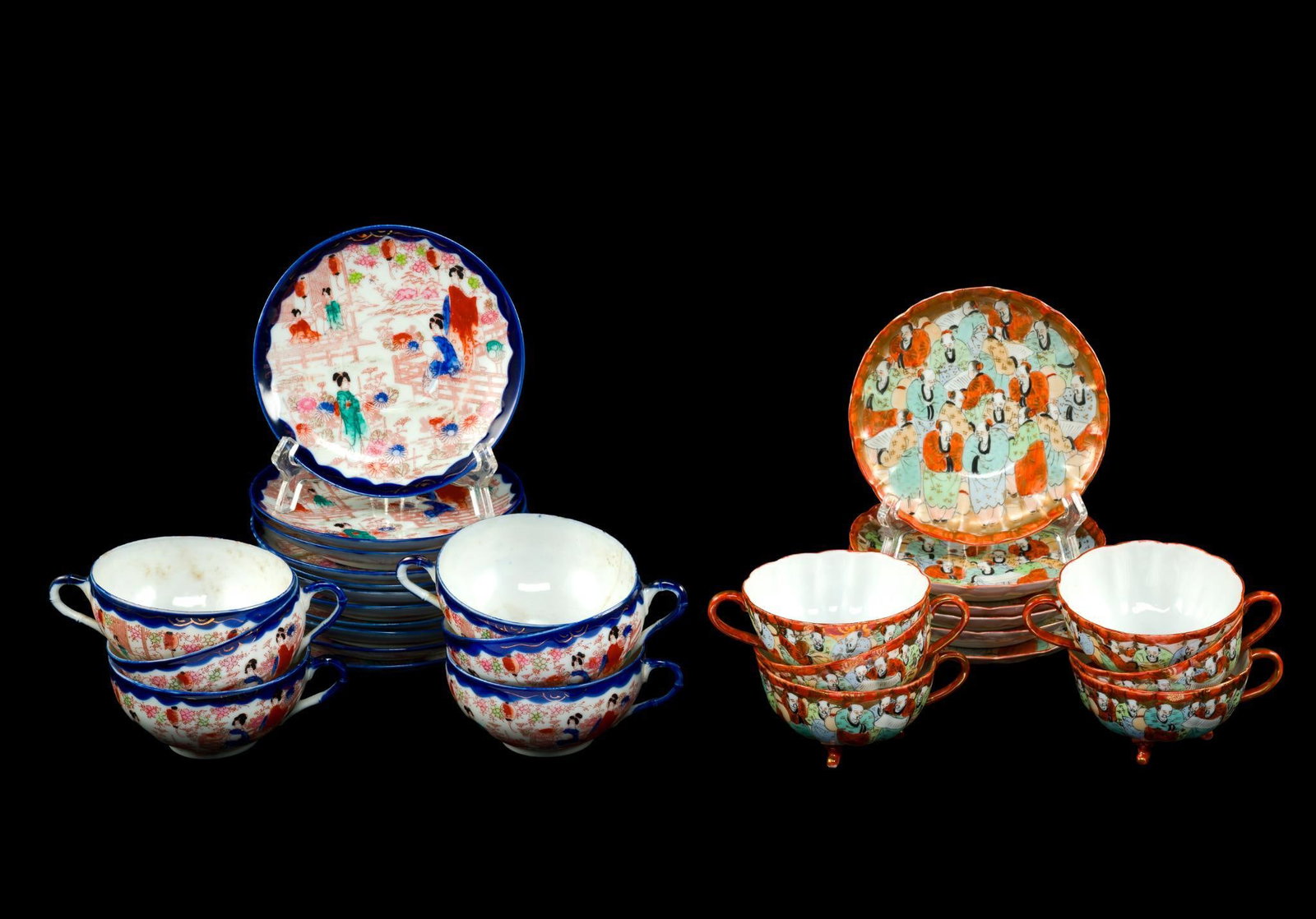 2 Sets of Antique Japanese Porcelain Teacups and Saucers: One early 1900's geisha girl motif set with eleven saucers 5 1/2" diameter and six matching tea cups 3 7/8" diameter. The second set Kutani "thousand faces" motif with six each saucers 5 1/4" diameter