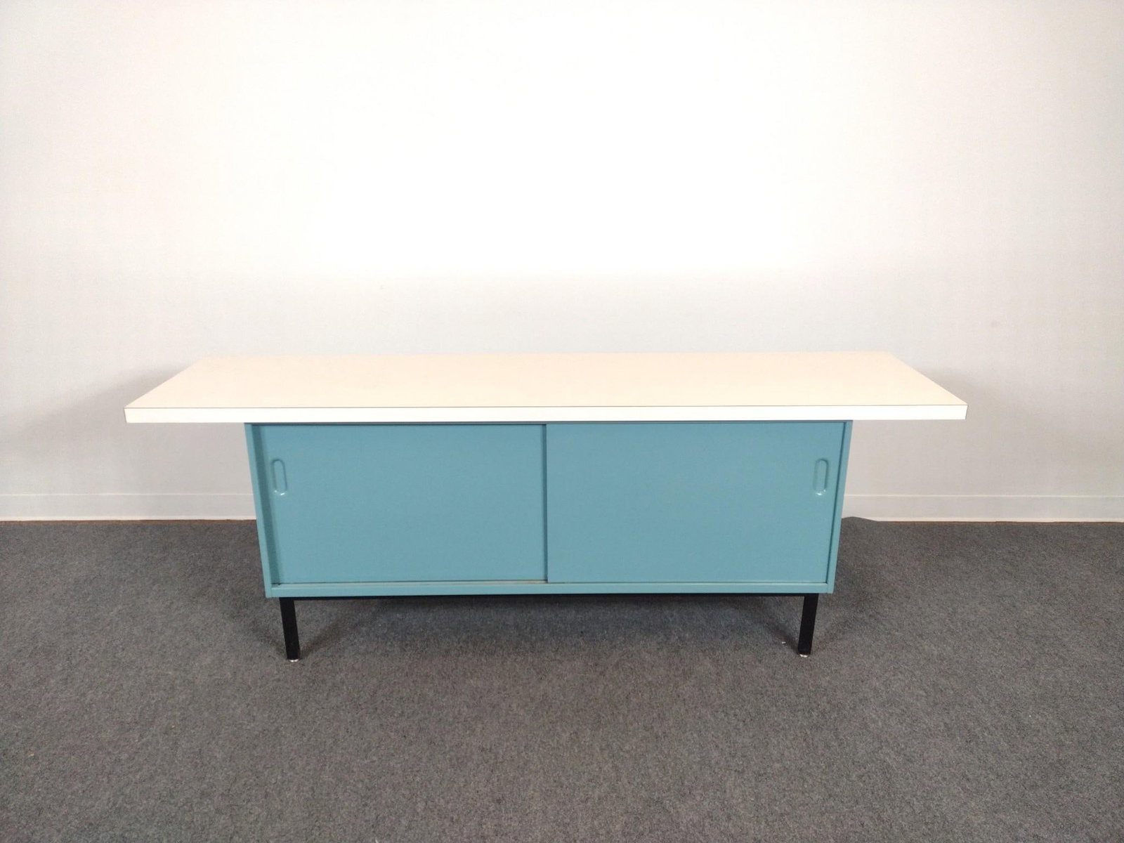 Mid-Century Modern Metal Low Credenza or Medical Cabinet: 78" wide X 20" deep X 29" high. Has some light scratches and areas of discoloring. No manufactures name found.