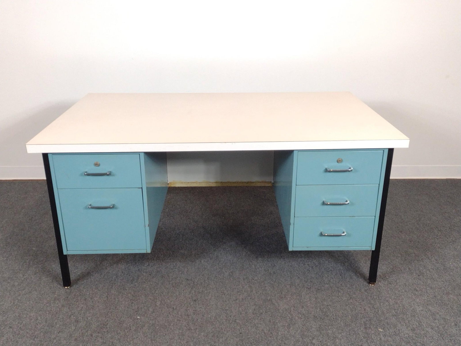 Mid-Century Modern Metal Double Pedestal Desk: 60" wide X 36" deep X 29" high. Has some scratches and small areas of rust. No manufactures name found.