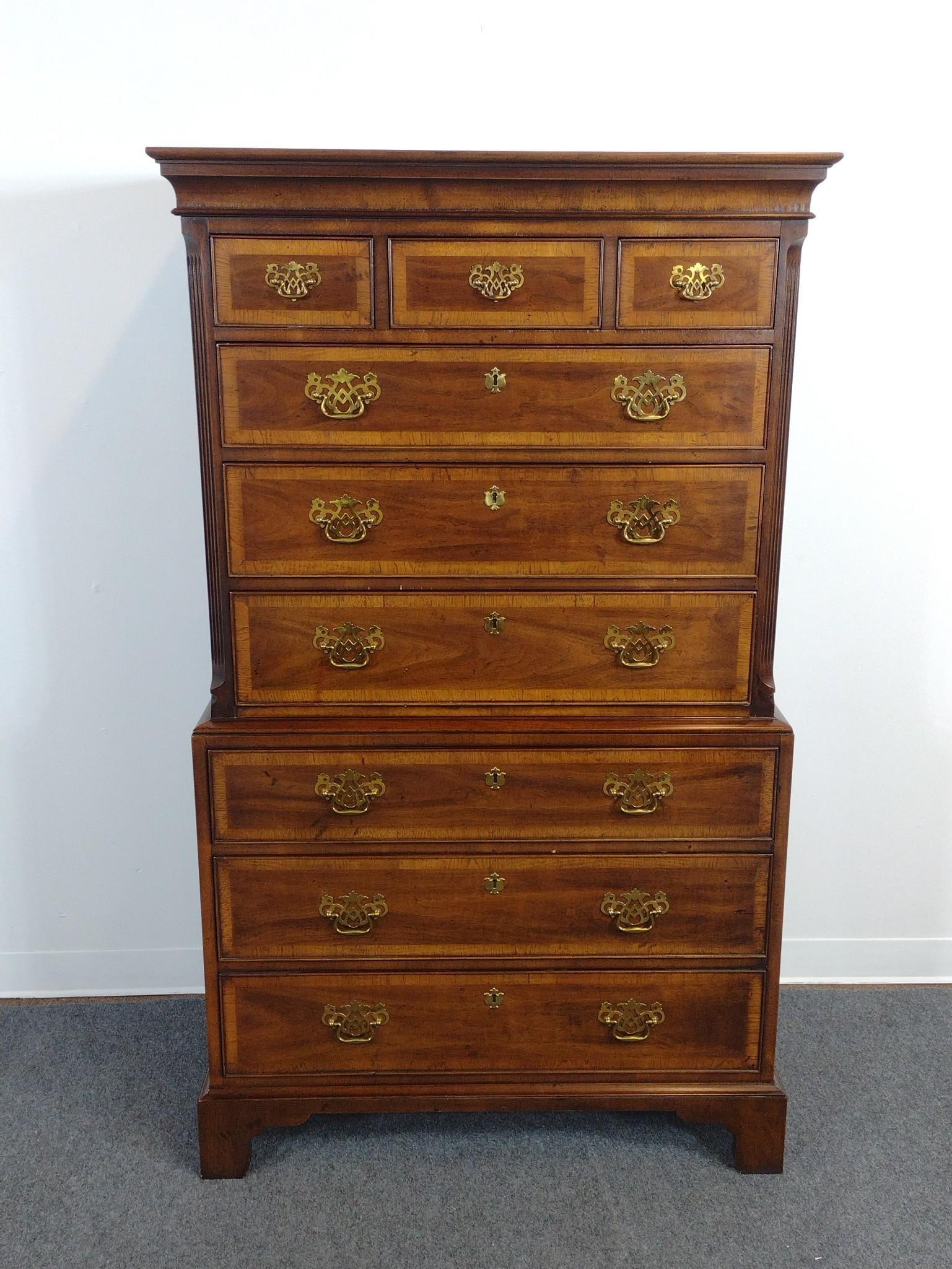 Henredon Tall Chest on Chest and Nightstand: From the 18th Century Portfolio collection. Tall Chest 37-1/2" wide X 19" deep X 63-1/2" high. Night stand 20" wide X 17-1/2" deep X 24" high. Both have some light scratches.