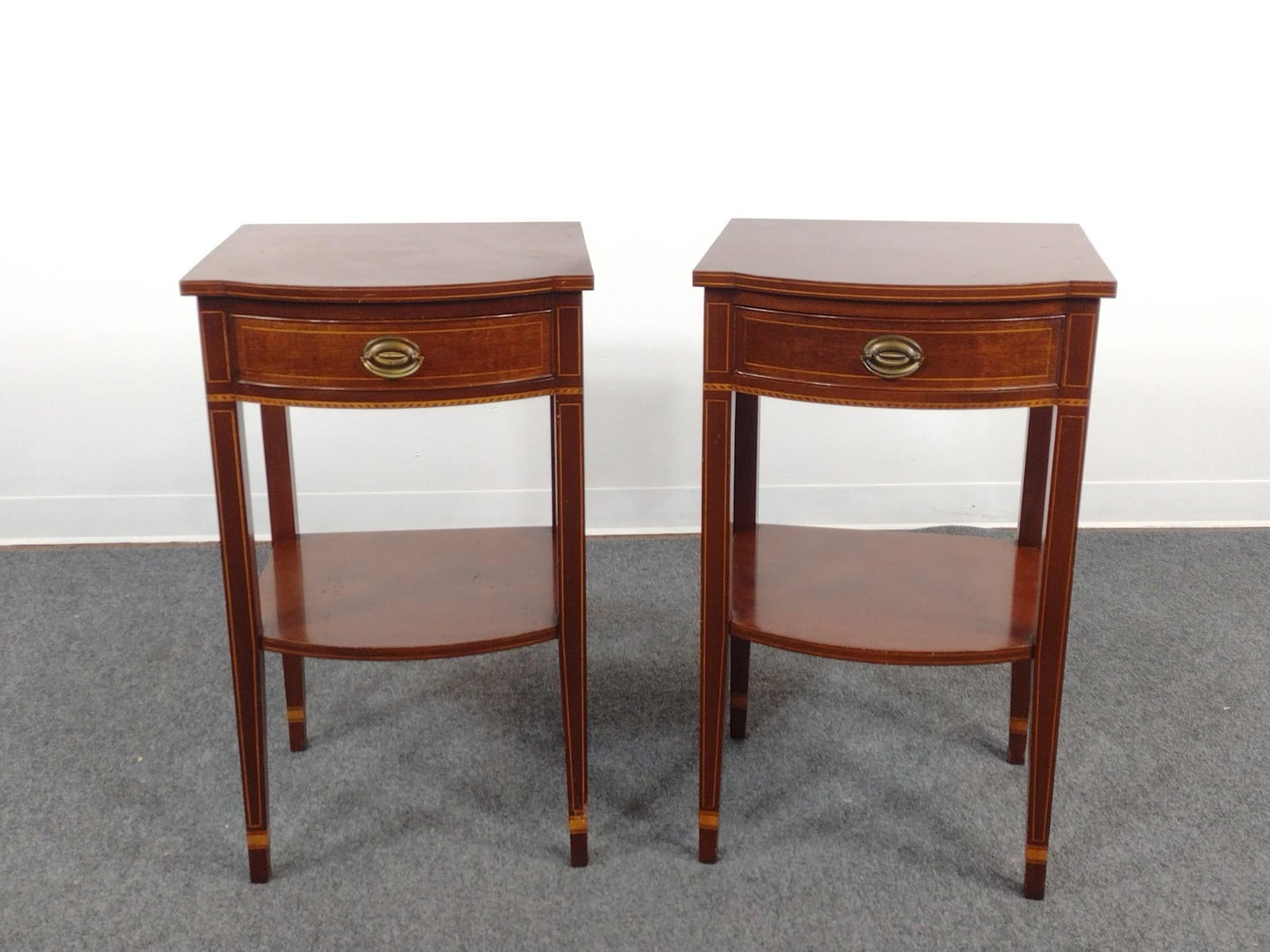 Pair of Federal Style Inlaid Nightstands: Each 18" wide X 17" deep X 32' high. Both have some scratches.