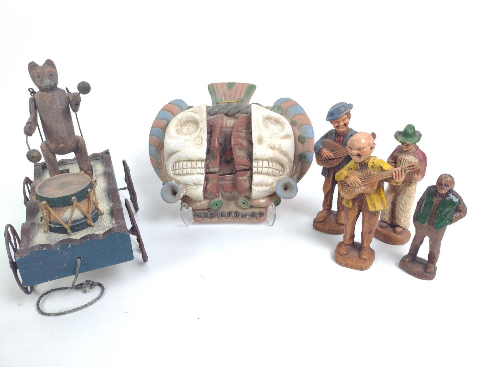Mexican Mask, Vintage Pull Toy, Folk Art Hobo Musicians: 2" to 5-1/2" wide x 4-3/4" to 9-1/4" high. 