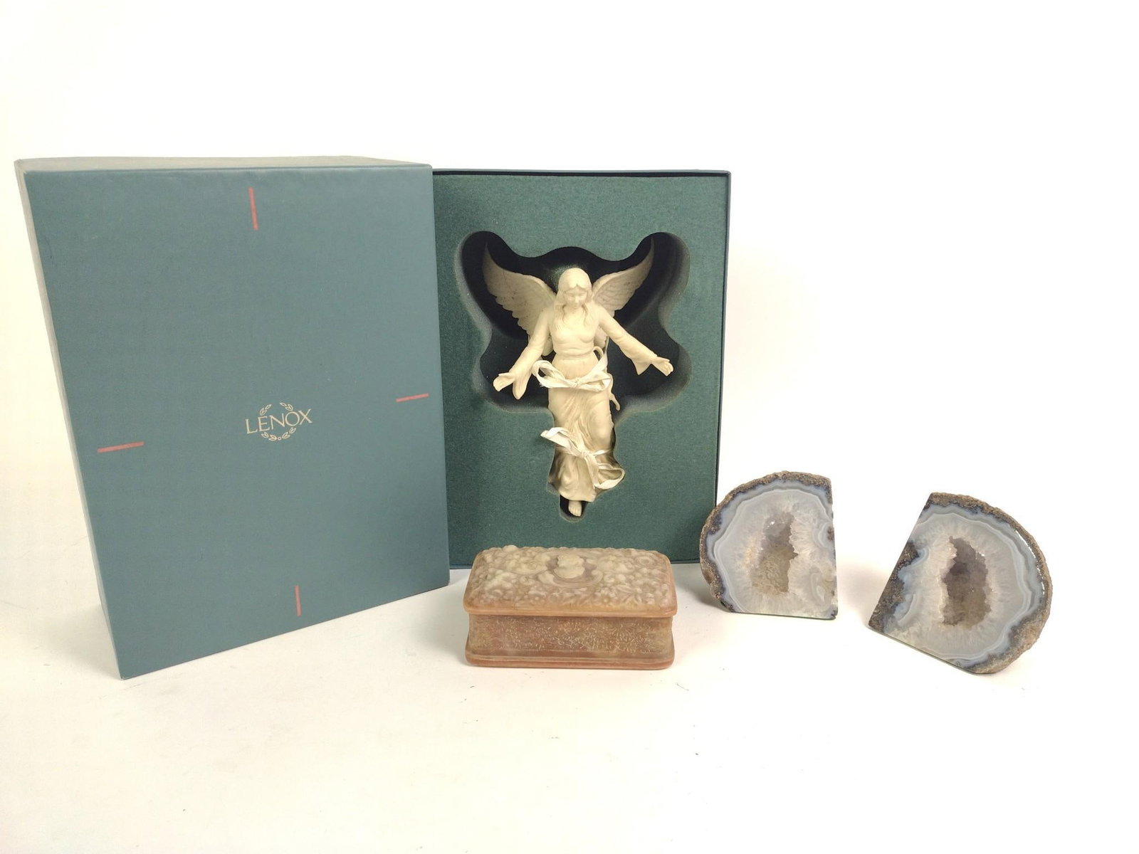 4 Decorative Items incl. Lenox Angel: Also includes cameo trinket box and pair of agate bookends. 3-3/4" to 8-1/2" wide x 4" to 11-3/8" long. 