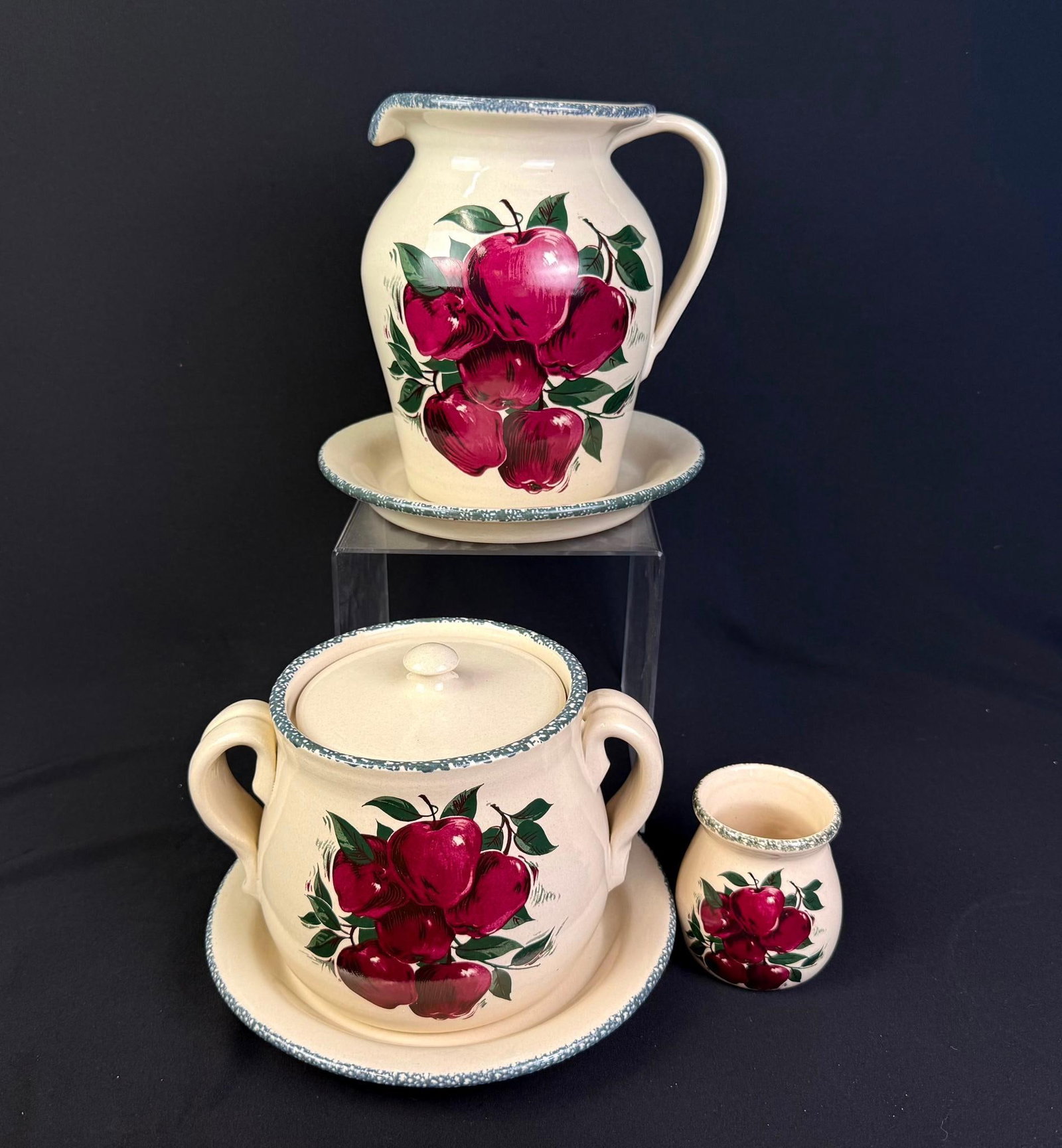 5 Pcs Stoneware: Includes pitcher, plates, jar, and candle holder. 3-1/2" to 8-1/2" wide x 4" to 9-1/4" high. 