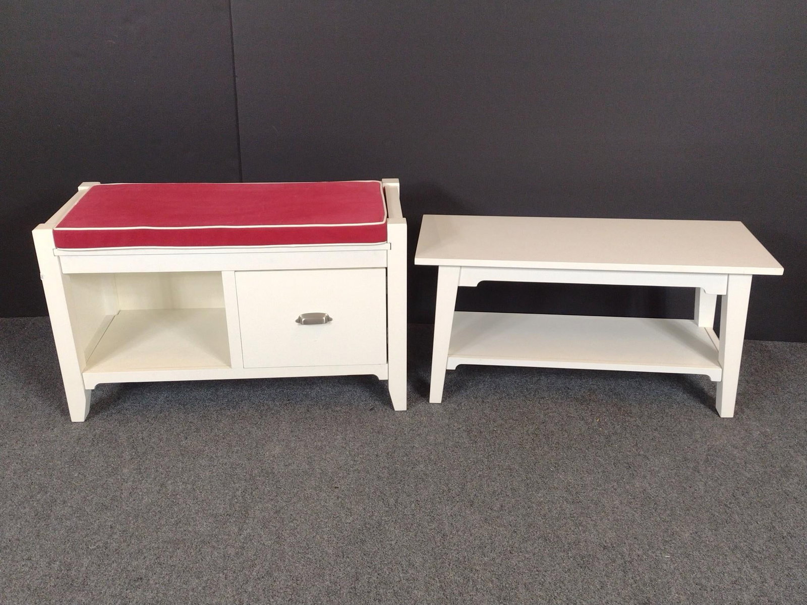 L. L. Bean Painted Cottage Storage Bench with Extra Bench: Included L L bean painted cottage storage bench with red cushion and painted bench with no storage. Measures 35-1/2" long. 