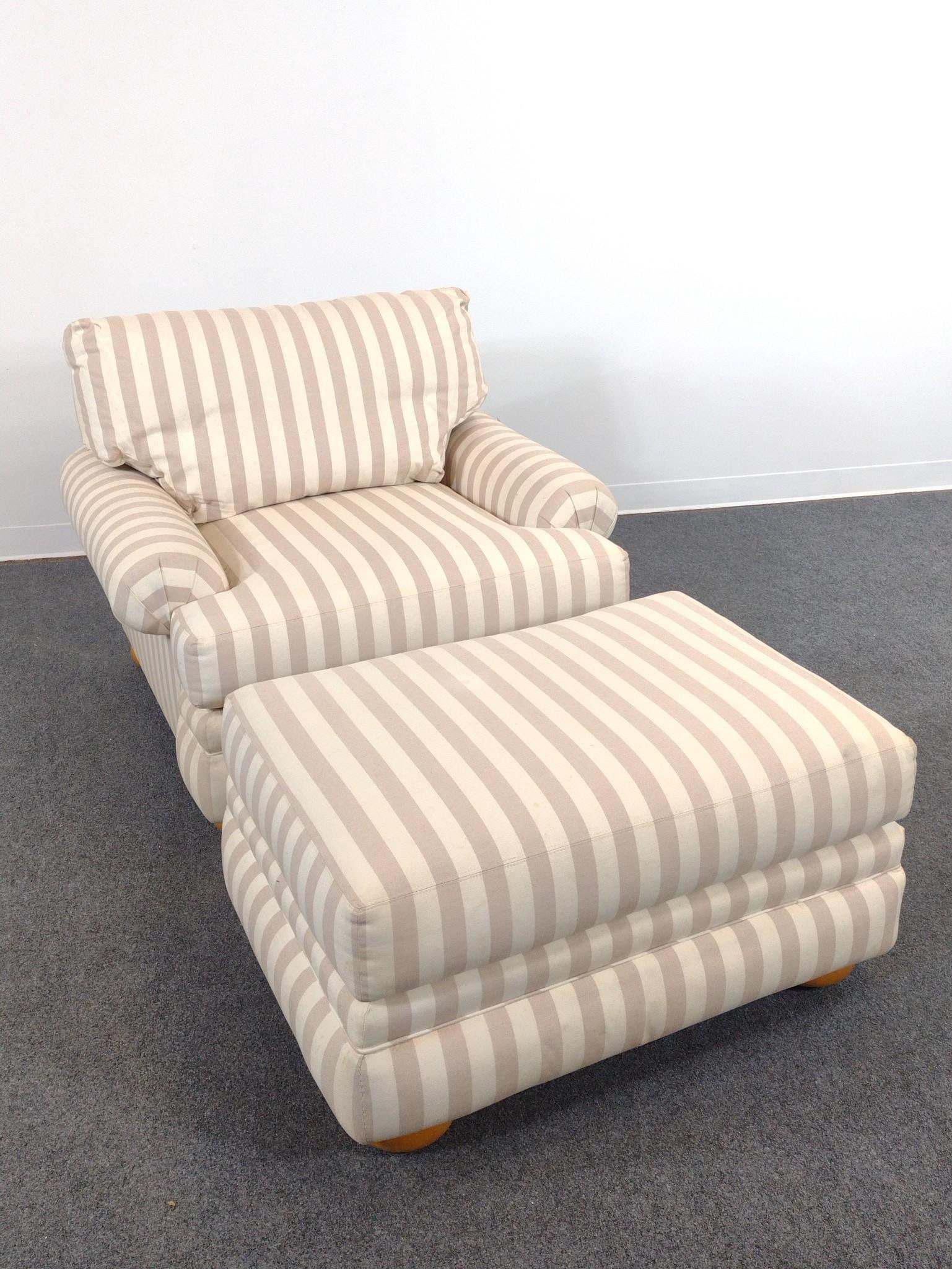 Thomasville Armchair with Ottoman: Chair 41" wide X 42" deep X 34" high. Ottoman 35" wide X 25" deep X 19" high. Both have some spots of discoloring. 