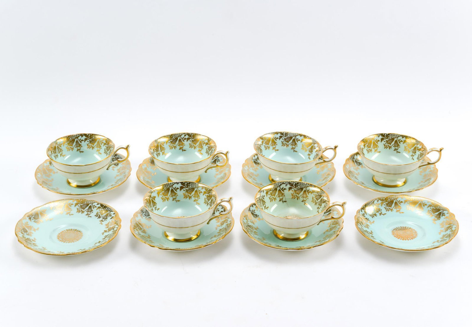 14 Pieces of Paragon Fine Bone China: Blue and gold design. Saucer measures 5-1/2" diameter.