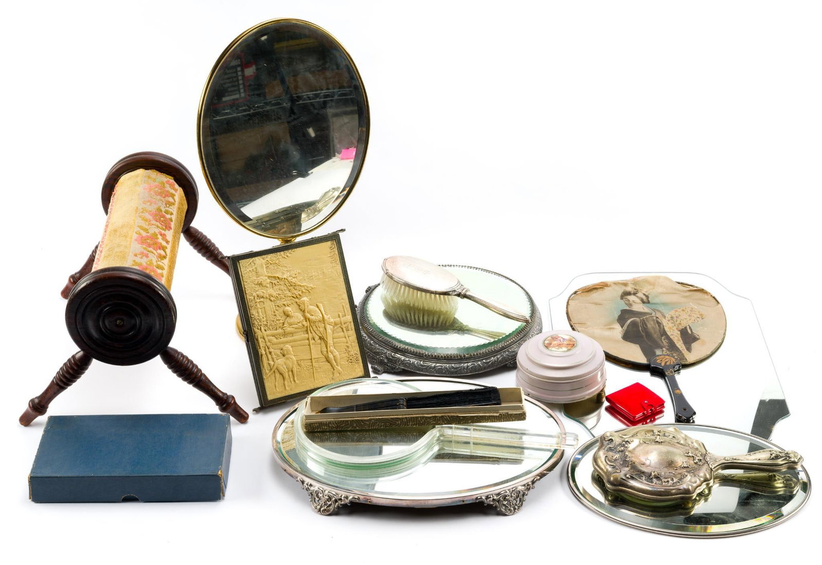 Vintage Women's Beauty Products: Includes a Sterling Silver Hair Brush, foot stool, 4 wall mirrors, 2 hand-held mirrors, large desk mirror, 2 hand fans, compact mirror, powder compact, travel makeup/jewelry case. Additionally, an ant