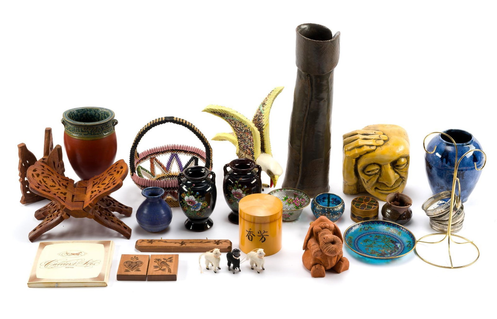 30 Assorted Folk Art Objects: Includes 5 Asian style vases, Currier & Ives "ARTile", 2 pieces of art made by the "People of the Golden Vision", small asian style enameled dishes, a large unmarked vase, golding book stand, butter m