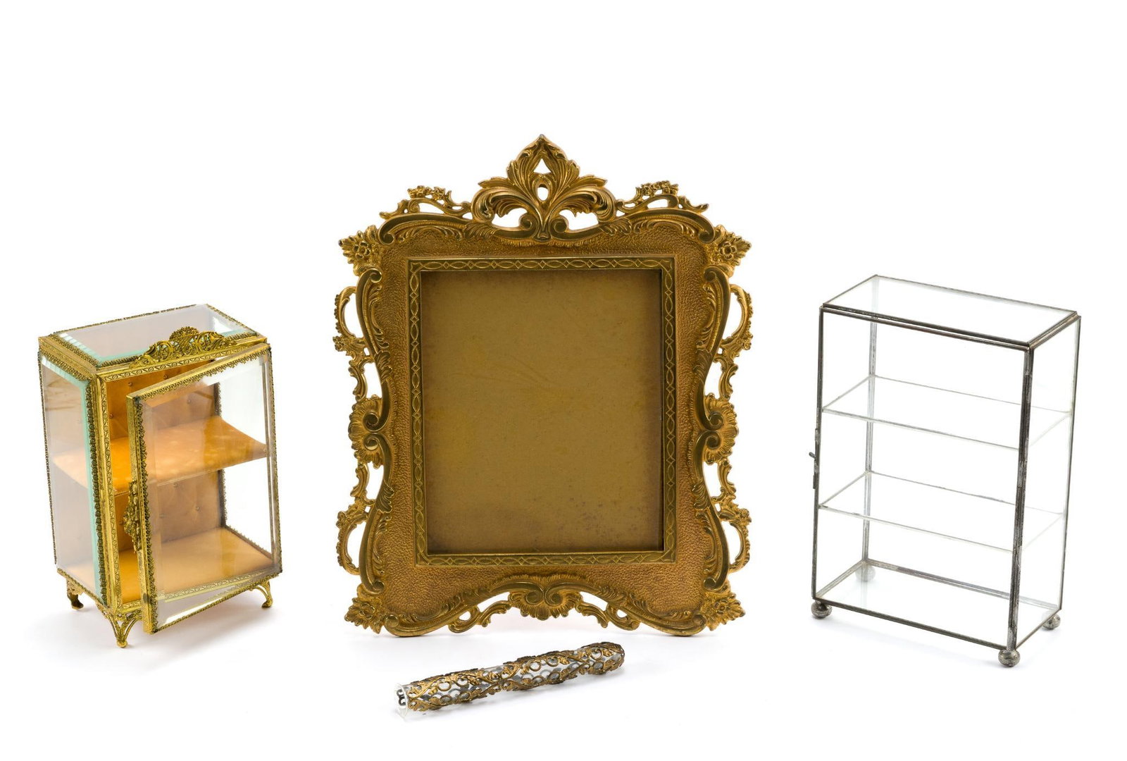 Miniature Display Case, Frame, and Vitrine: Also includes a glass vial with a gold floral pattern. Vial is 6-3/4" tall, and frame is 14-1/4". 