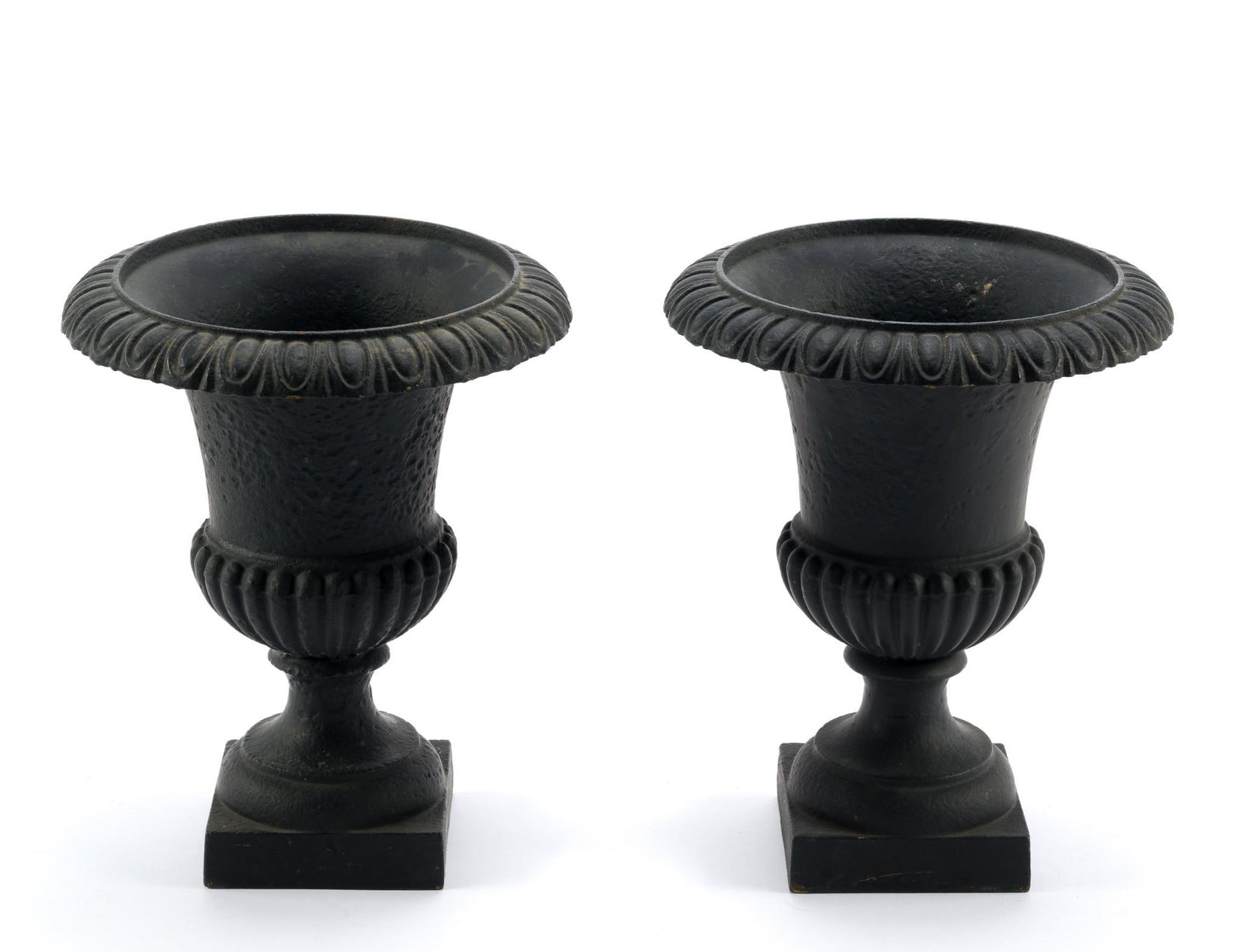 Pair of Neoclassical Style Cast Iron Planters: 11-1/2" tall. 
