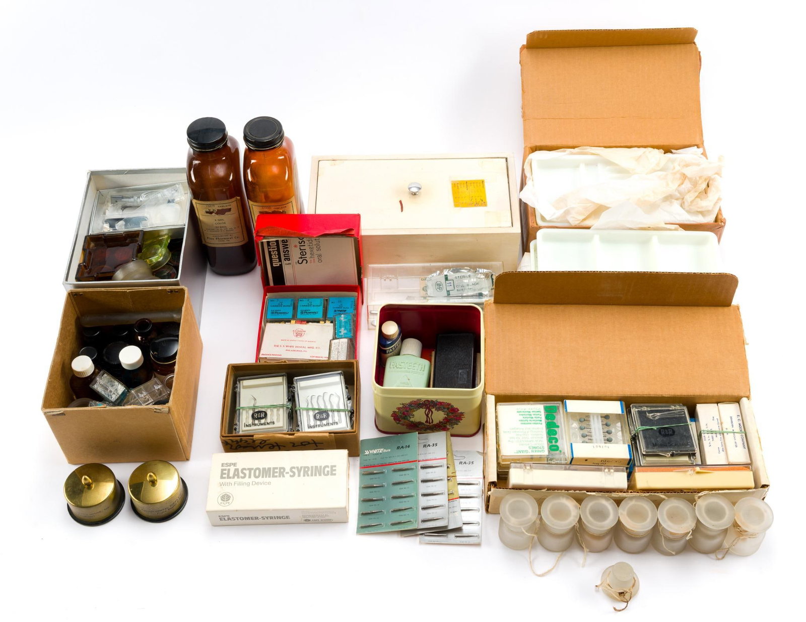Dentistry Equipment: Includes stainless steel blades, filling device, various dental instruments, pill bottles & vials, wooden storage box, and more. All are in fair condition showing wear. Largest item measures 9-3/4".&#