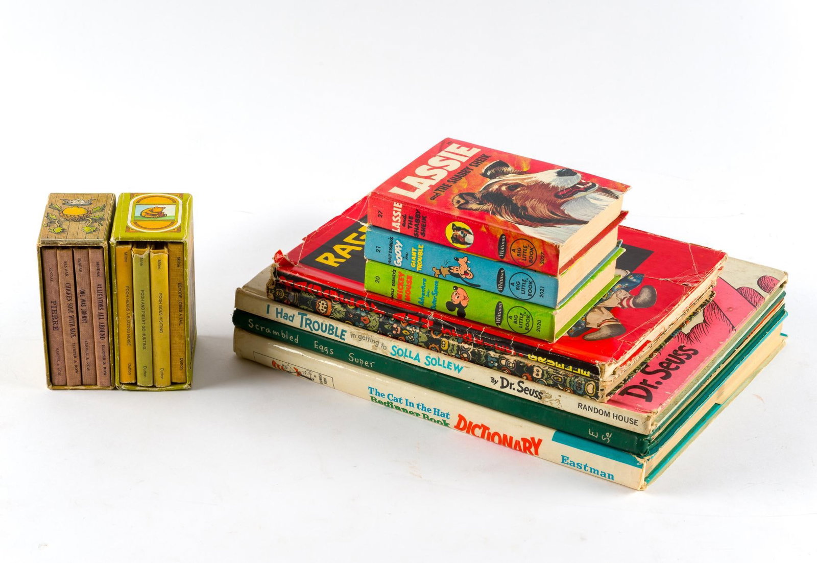Vintage Children's Books Incl. Big Little: Mid-20th-century Dr. Seuss Books (Scrambled Eggs Super, The Cat in the Hat Beginner Book Dictionary, I Had Trouble Getting to Solla Sollew). 3 1950s-1960s portable books, 2 1920's Raggedy Ann Books, a