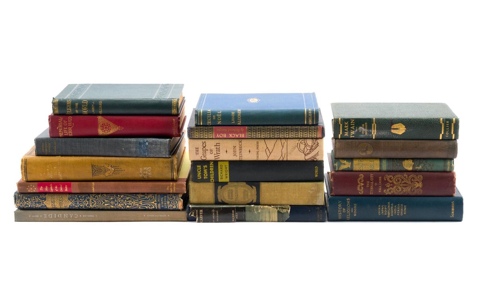 19th C History Books and Novels: Includes "Grapes of Wrath", "The Nine Capitals of the United States", "Memorial Life of Victor Hugo", "George Washington Carver", "Religions of the World", "Beautiful Stories from Shakespeare", and mo