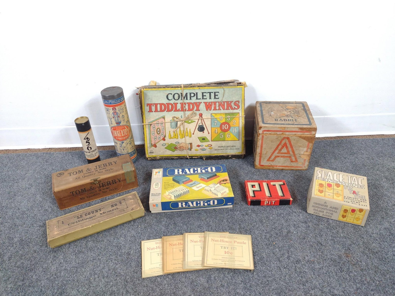 Vintage Children's Games & Toys: Includes tin soldiers, wood blocks, Cribbage, Space Tac, Pit, Rack-O, Tiddledy Winks, and more. 