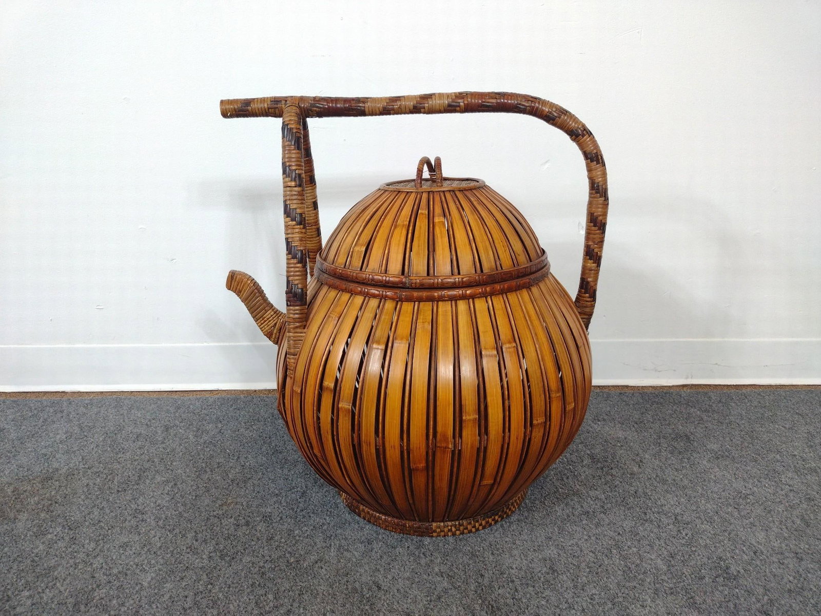 Vintage Chinese Lidded Wedding Basket: Woven bamboo shaped like a teapot. 16" wide x 23" high. 
