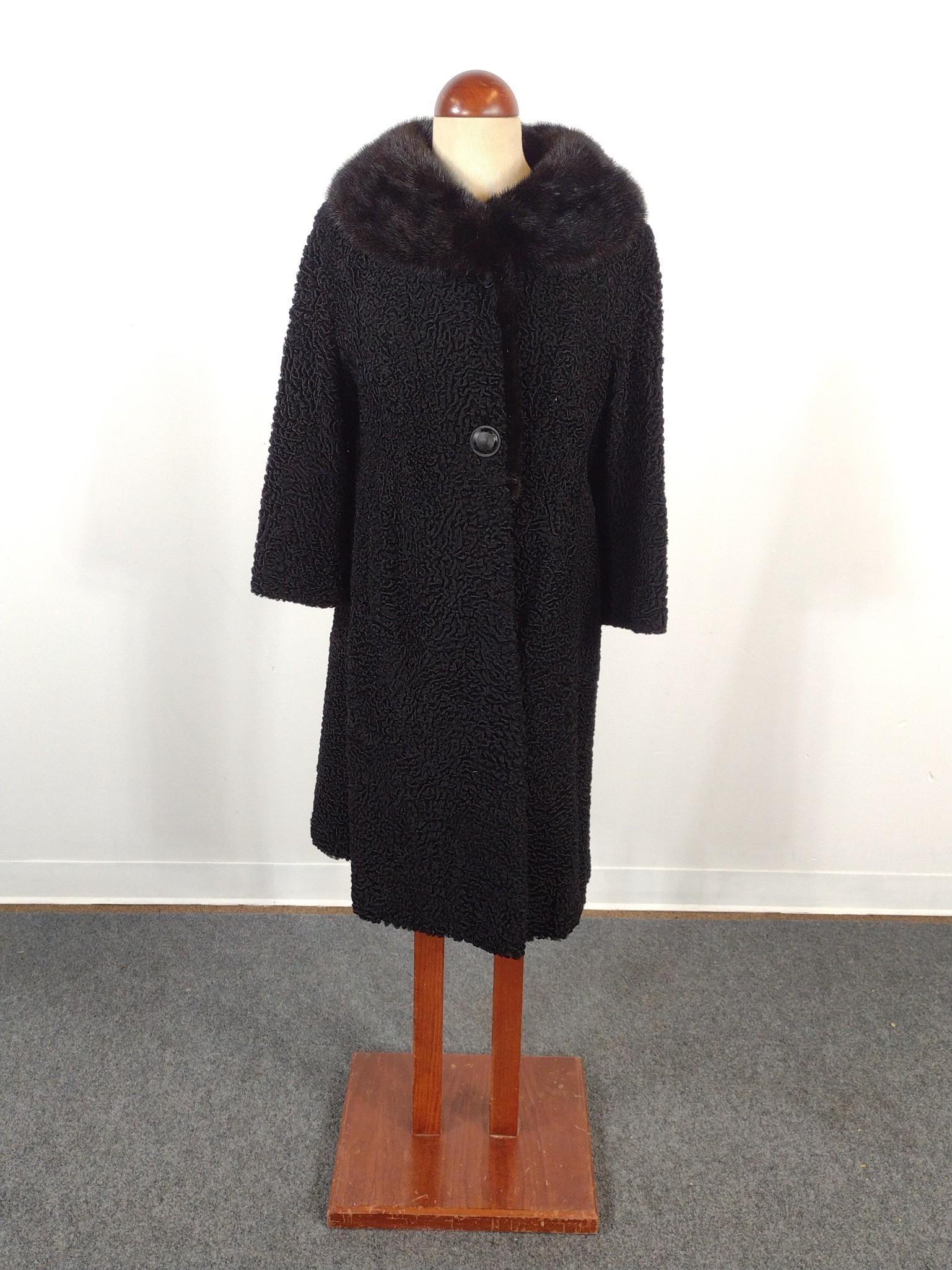 Vintage Jacques Feber Persian Lamb Coat with Fur Collar: Monogrammed on the inside "M.F.H". Measures from collar to end 40-1/2".