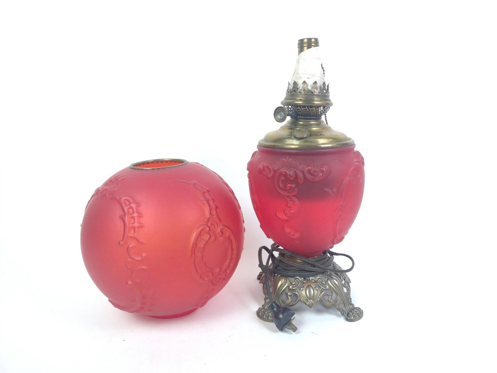 Gone with the Wind Red Satin Glass Lamp: Missing hurricane. 9-1/4" wide x 26-3/4" high. 