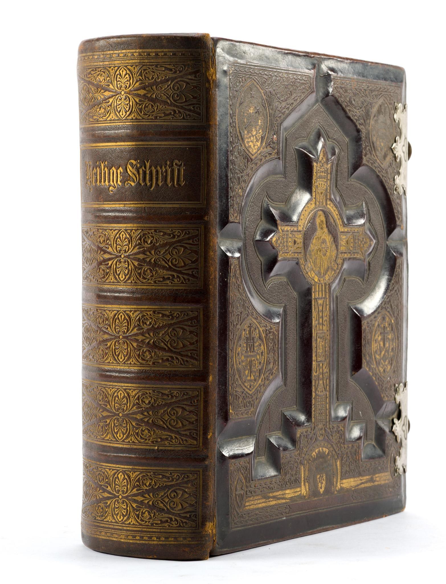 Antique German Catholic Family Bible Dictionary: Antique German pictorial family bible dictionary. Includes an antique postcard inside, signed in pencil: "From George to Mother." Bible in good condition, consistent with age and use; gilt on
