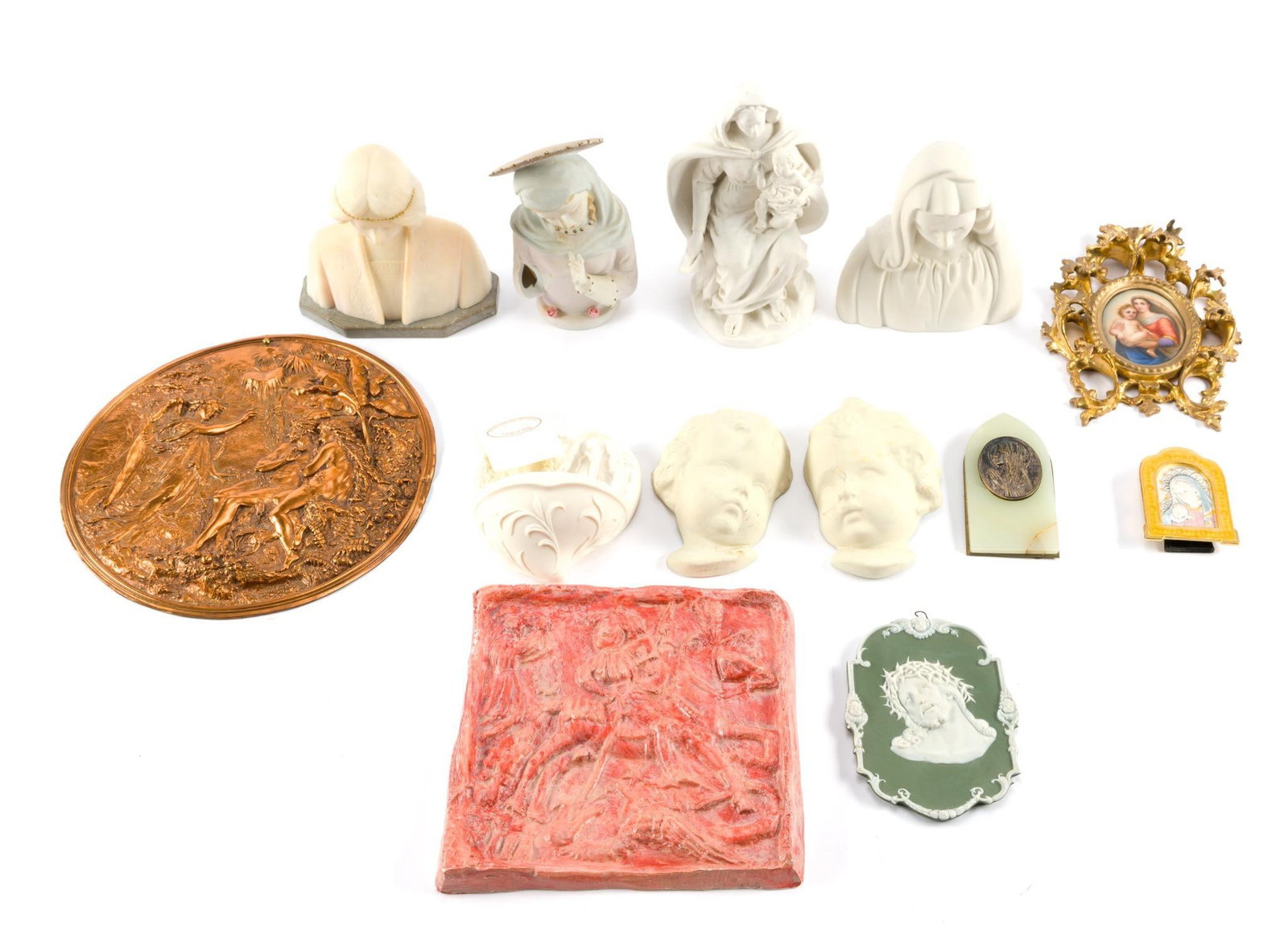Vintage Religious Decor: Includes 2 porcelain busts of the Virgin Mary, brass plaque depicting Adam and Eve in the Garden of Eden, tile depicting St. George and his horse, various porcelain religious depictions, and more. One